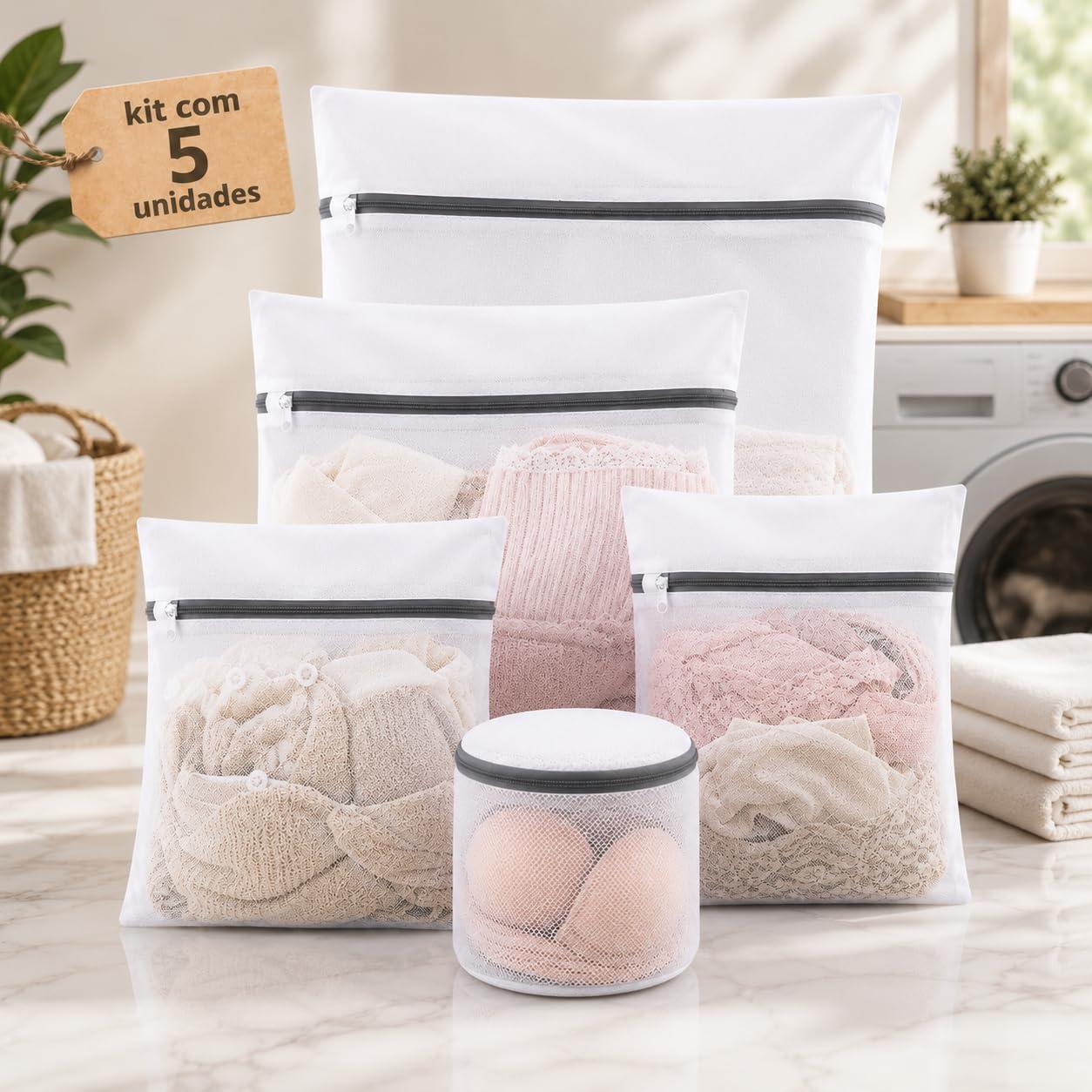 Kit 5 Sacos para Lavar Roupas Delicadas na Máquina | Rede para Lavagem de Lingerie, Sutiã, Meias e Roupas Finas | Proteção Contra Pelos, Deformações e Danos | Zíper Protegido