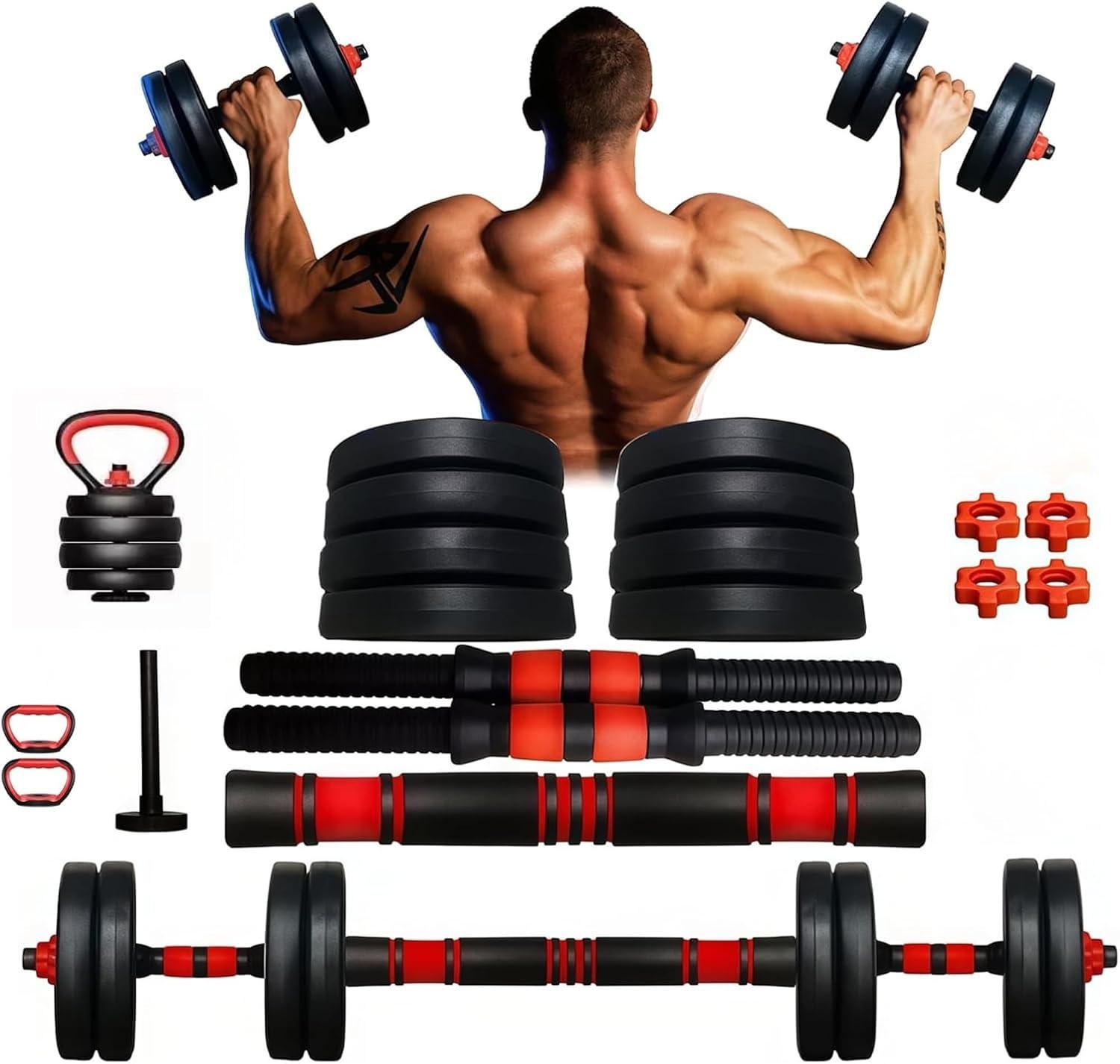 Kit Halteres Ajustáveis 15kg 6 em 1 com Barras, Anilhas e Kettlebell Multifuncional - Pesos para Musculação, Academia em Casa, Crossfit, Treino Funcional, Fitness, Pegada Antiderrapante