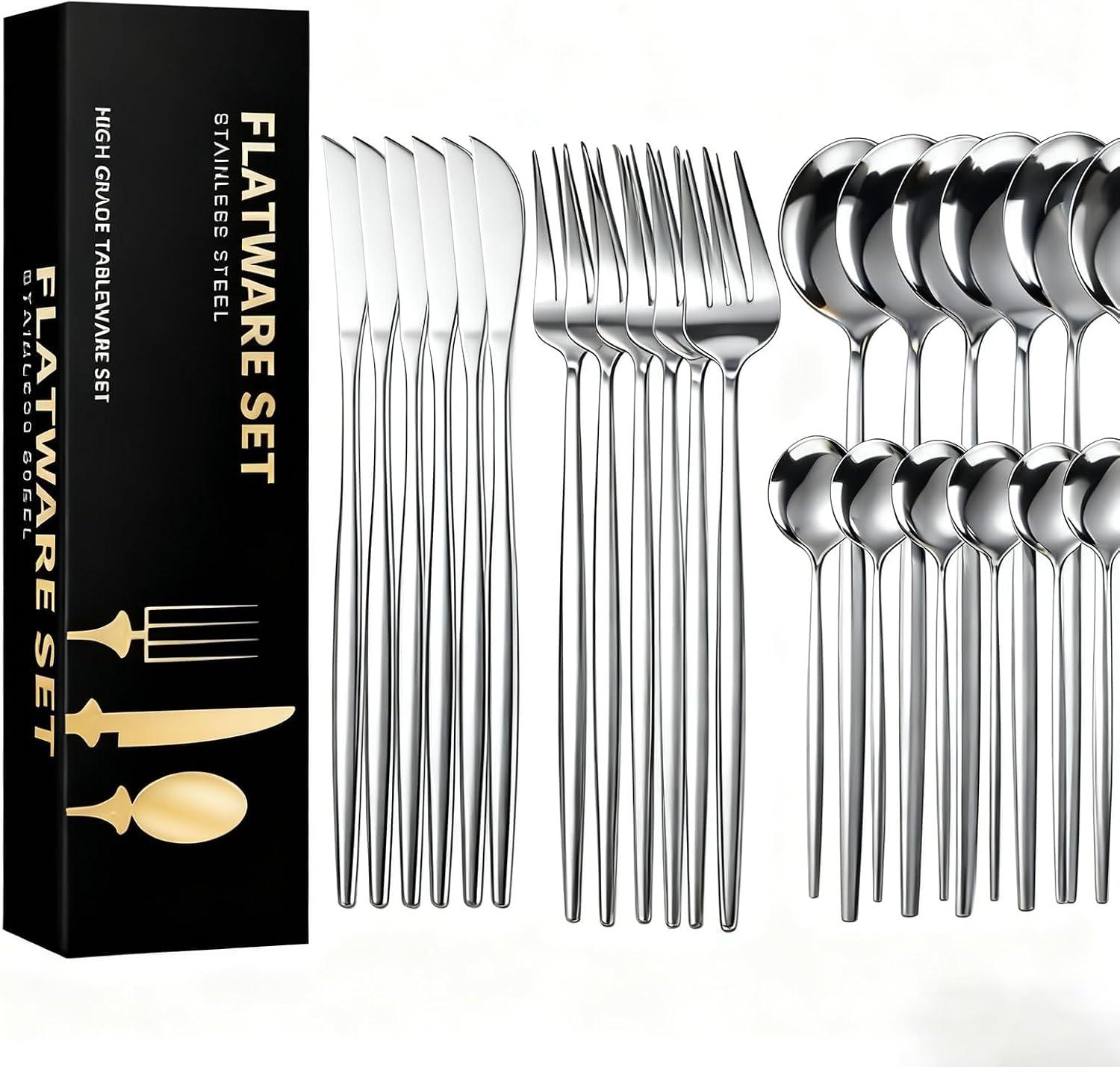 Faqueiro 24 Peças em Aço Inox 430 - Jogo de Talheres Premium com Caixa Litografada, Polido e Espelhado de faca e garfo Conjunto para Mesa Posta e Utensílios de Casa/Restaurante (Prata)