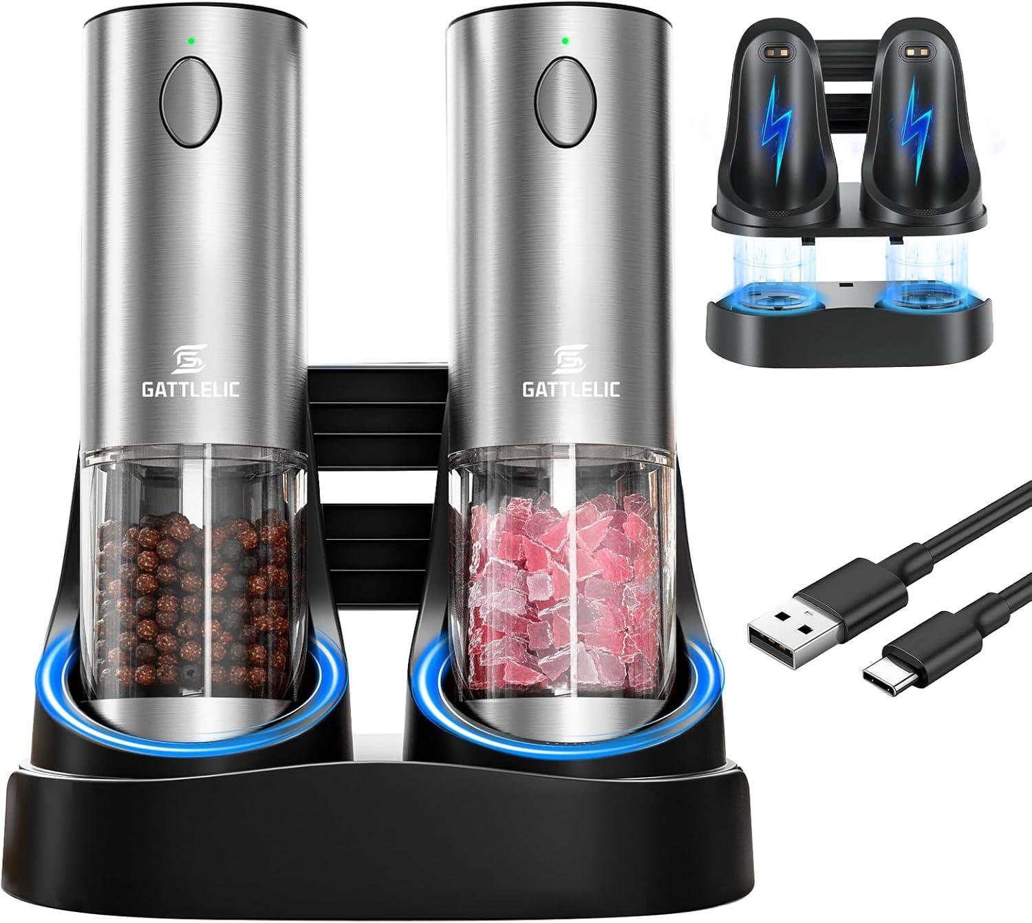 Conjunto de moedor elétrico de sal e pimenta, moedor automático de pimenta com base de carga atualizada e luz LED, grossura ajustável, conjunto de moedor de pimenta preta e sal marinho recarregável