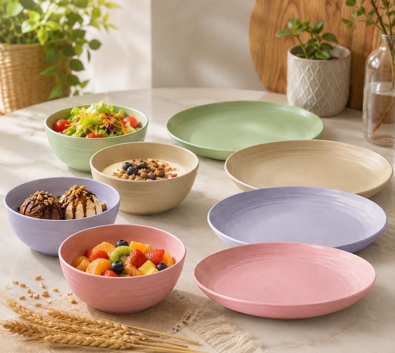 Conjunto Pratos de Jantar e Tigelas de Sobremesa 8 peças de Palha de Trigo Ecológico Cumbuca de Sobremesa Itens Organicos Leves e Resistente Seguro Micro-ondas e Lava-louças (Colorido)