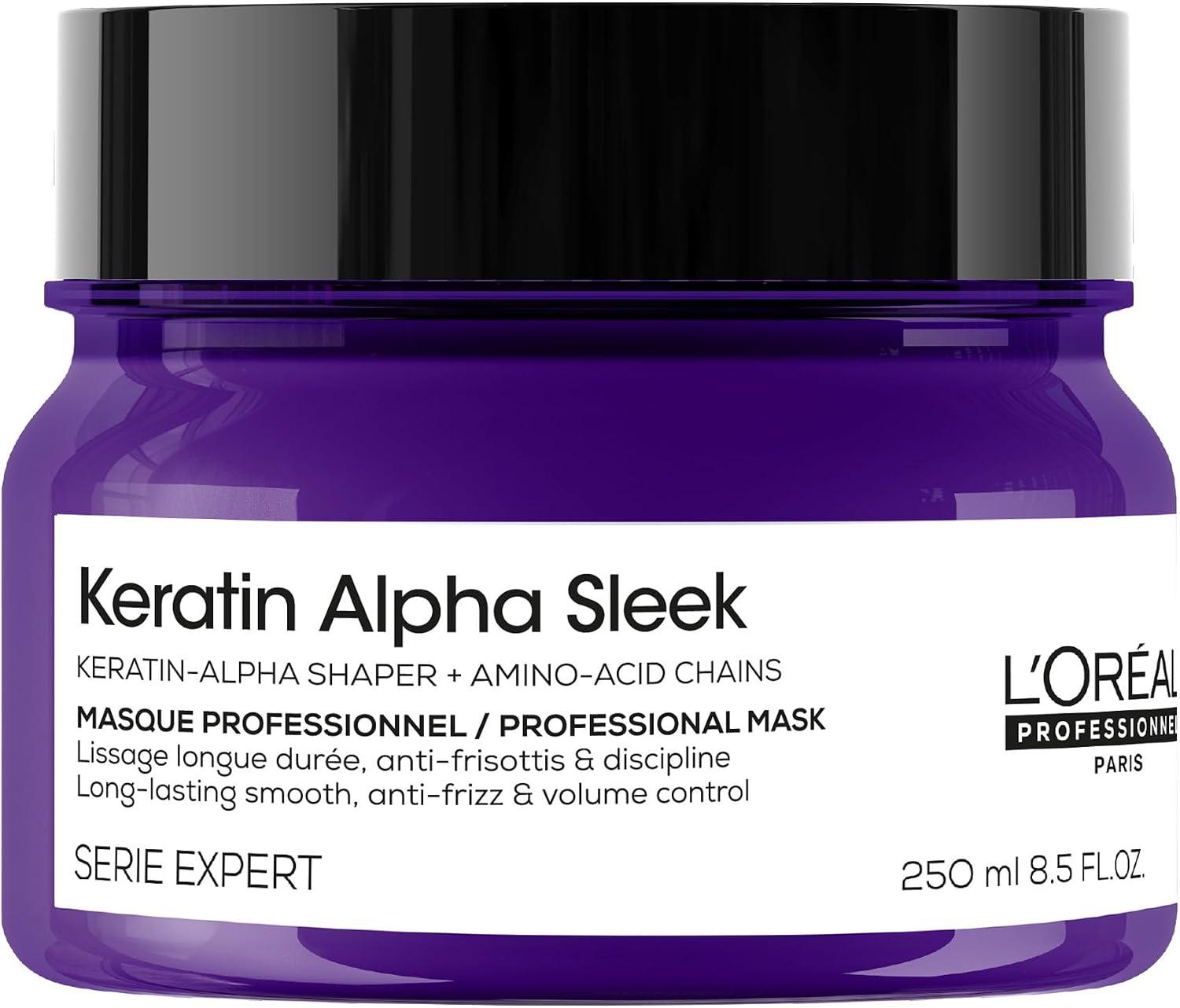 L'Oréal Professionnel Keratin Alpha Sleek Máscara capilar profissional l Nutre, remodela a alfa-queratina do cabelo l Fios alinhados, controle de frizz e volume l Maciez, hidratação e brilho l 250g