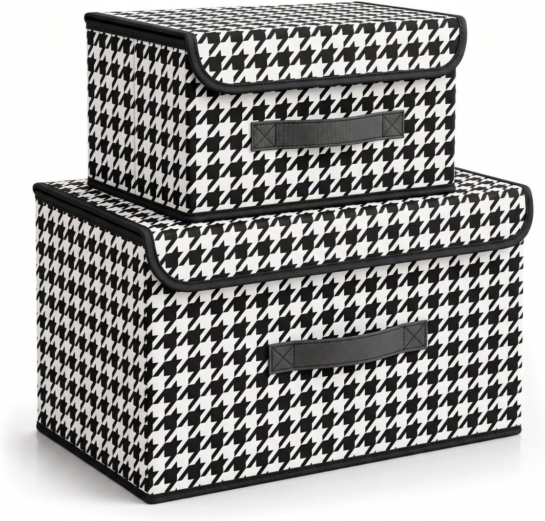 Kit 2 Caixas Organizadoras para Guarda-Roupa e Armário com Tampa | Multiuso, Dobrável, Empilhável e Antipoeira (Preto e Branco)