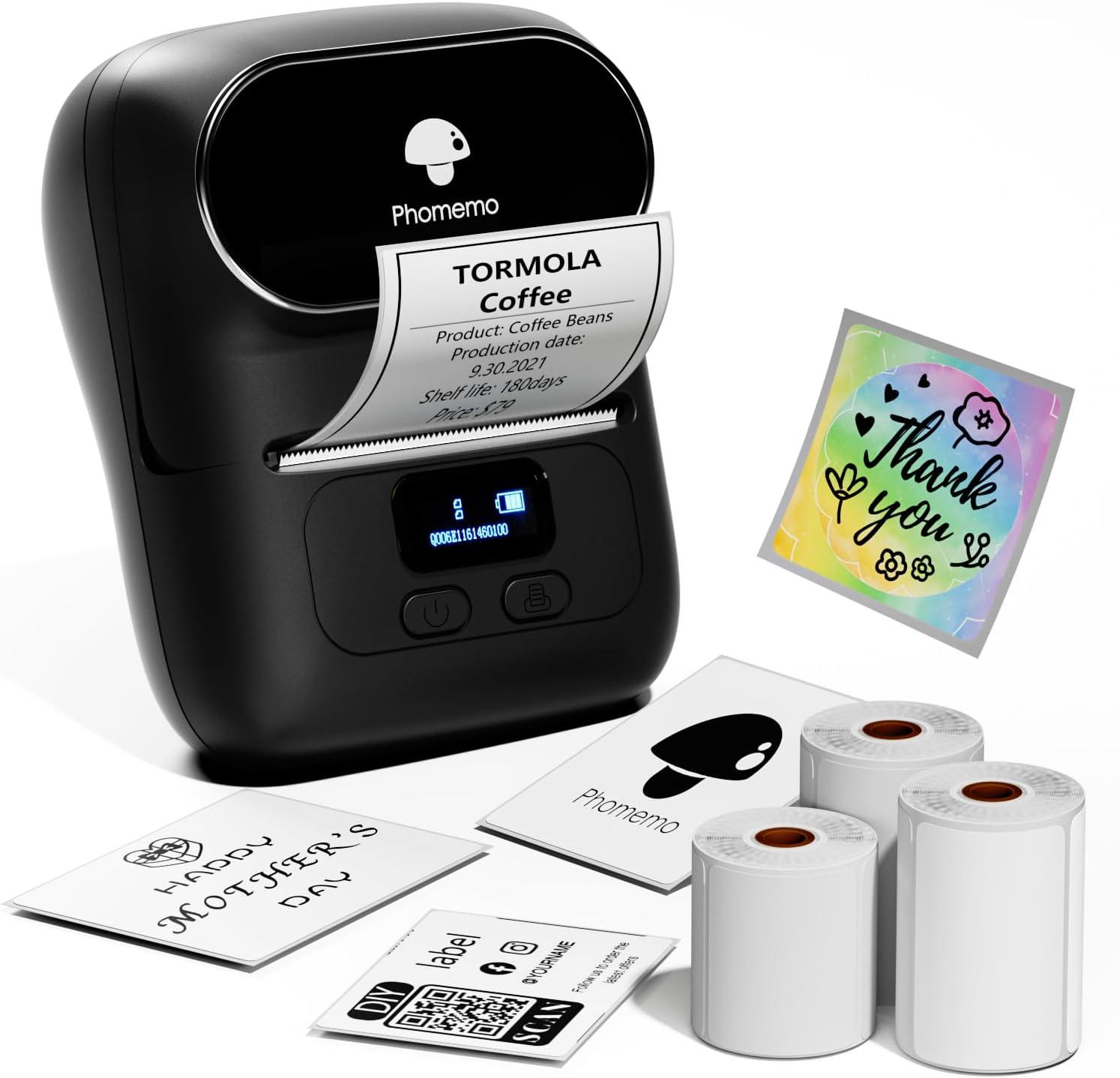 Phomemo Label Maker - Impressora de etiquetas de endereço M110 Bluetooth para negócios, escritório, escola, uso doméstico, código de barras, logotipo, etiqueta de roupas, com 3 etiquetas, preta