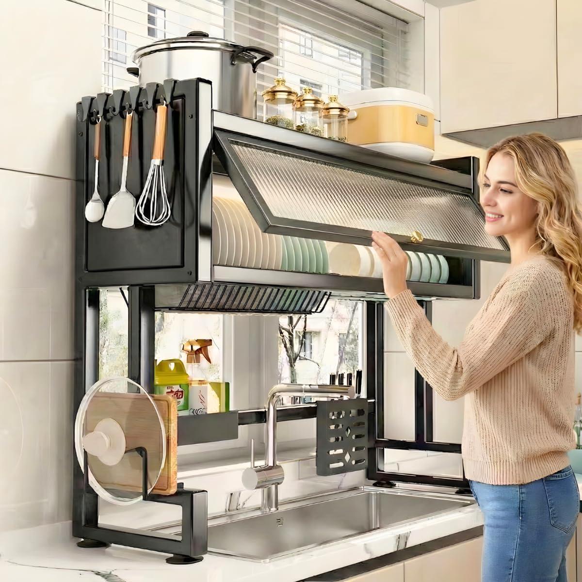 VANOVA Escorredor de Louça Multiuso Suspenso Grande com Armário, Gaveta, Porta Retrátil, Organizador de Pia para Cozinha Moderna (65CM)