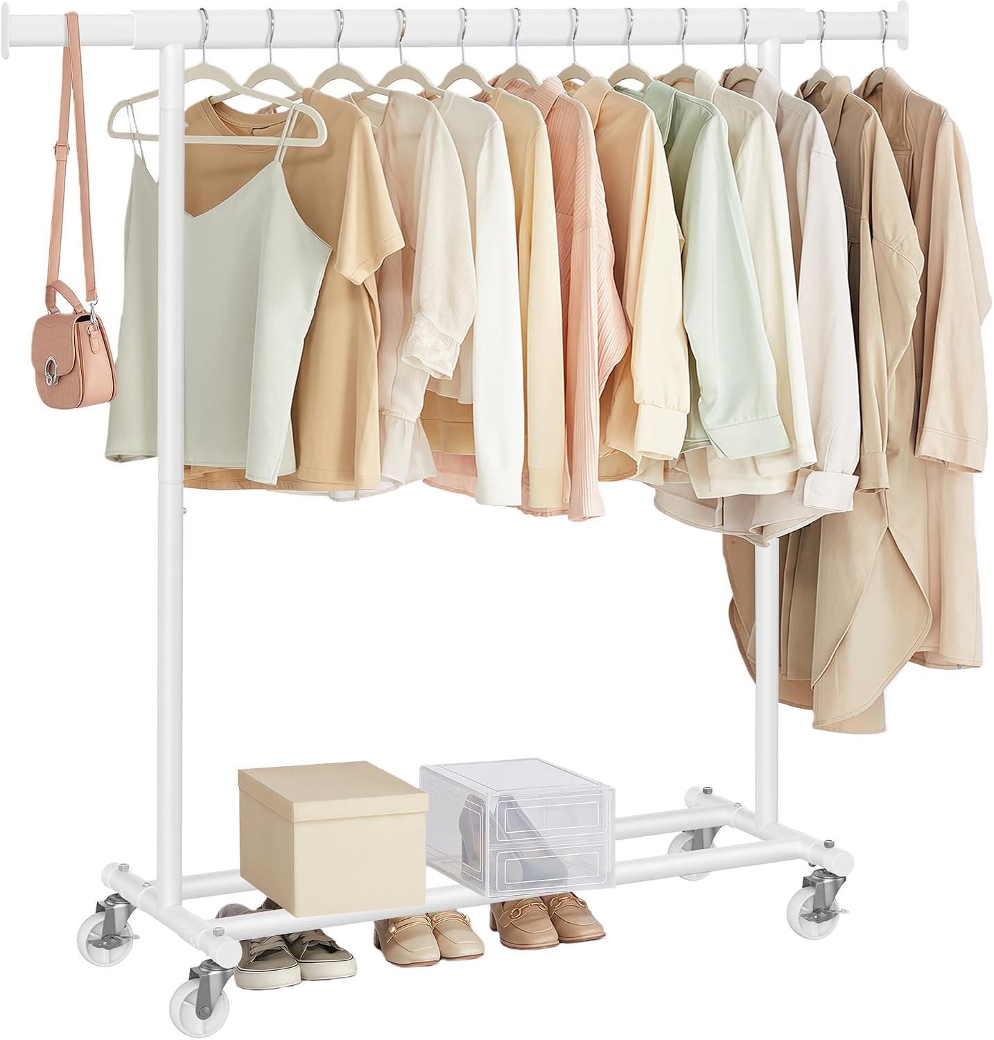 SONGMICS Cabideiro com Rodas, Estrutura Reforçada, 45 x (92-132) x 161,5 cm, com Barra Extensível, Capacidade 100 kg, Montagem Fácil, Portátil, Branco BRHSR013W01