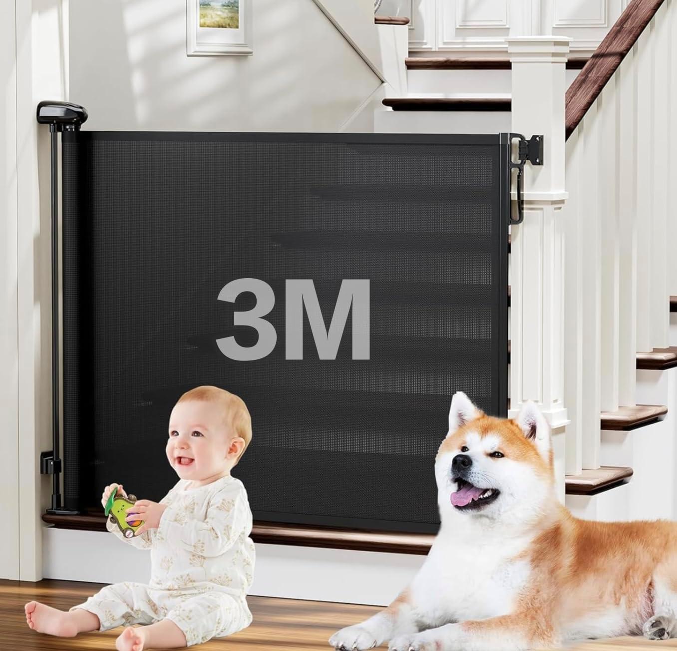 3m Portão Grade Retrátil de Proteção para Bebês e Cachorros, Portaozinho de Escada Instalação Sem Furos, Trava Dupla,Operação com uma mão,Portao Segurança Bebê Pet, Cercado para Cachorrospreto