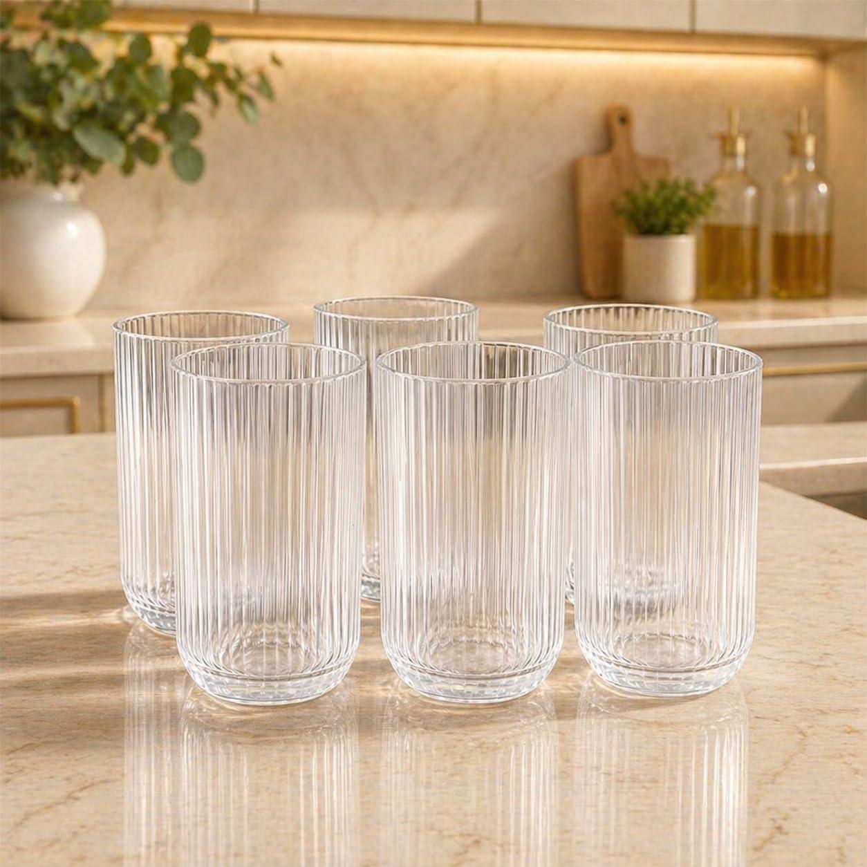 Kit 6 Jogo Copos de Vidro Canelado 420ml Transparente Luxo - Mesa Posta Elegante - para Água Suco Drinks Refrigerantes Restaurante Bares e uso diário – Vidro Grosso e Resistente Premium