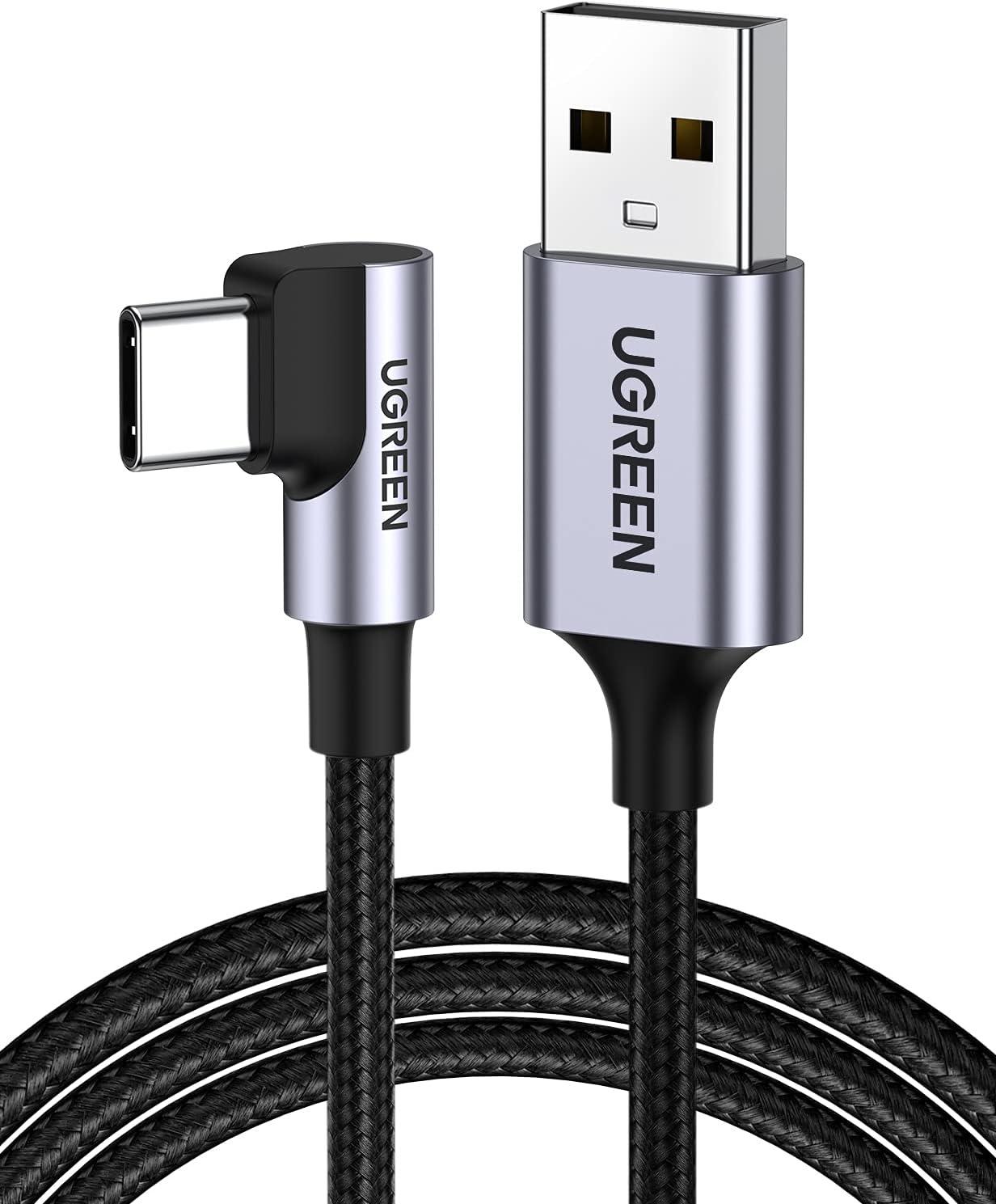 UGREEN Cabo USB C de ângulo reto Cabo USB A para tipo C compatível com iPhone 15/15 Plus/15 Pro/15 Pro Max/Galaxy S10/ S10+/ Note 20/LG V50/V60/iPad Mini 6 Air 5/GoPro Hero 8, etc 10 pés