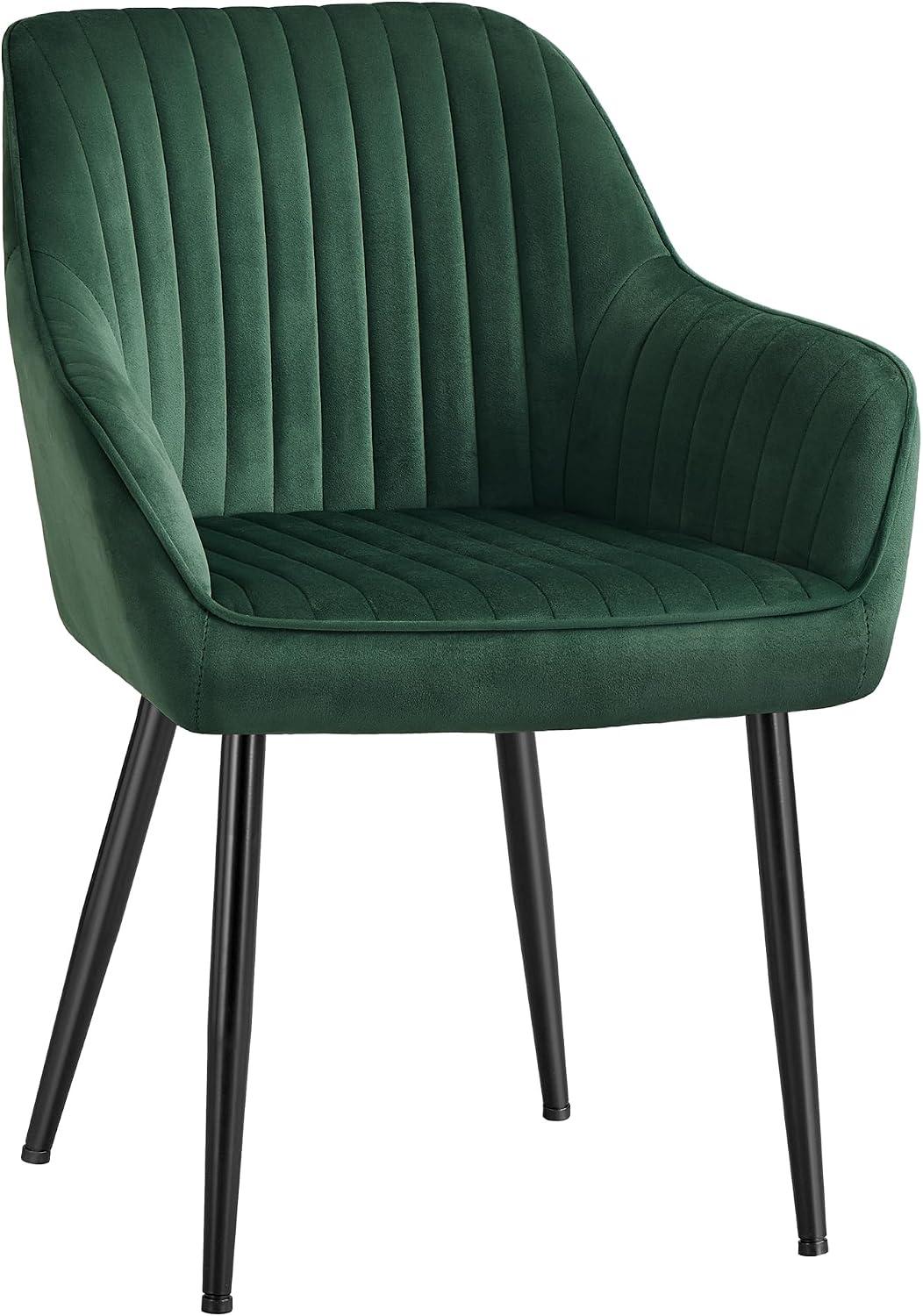 SONGMICS Cadeira para Sala de Jantar, Poltrona de Cozinha, Cadeira Estofada com Braços, Assento em Veludo, Pernas de Metal, Suporta até 120 kg, Verde e Preto Tinta BRLDC087C01