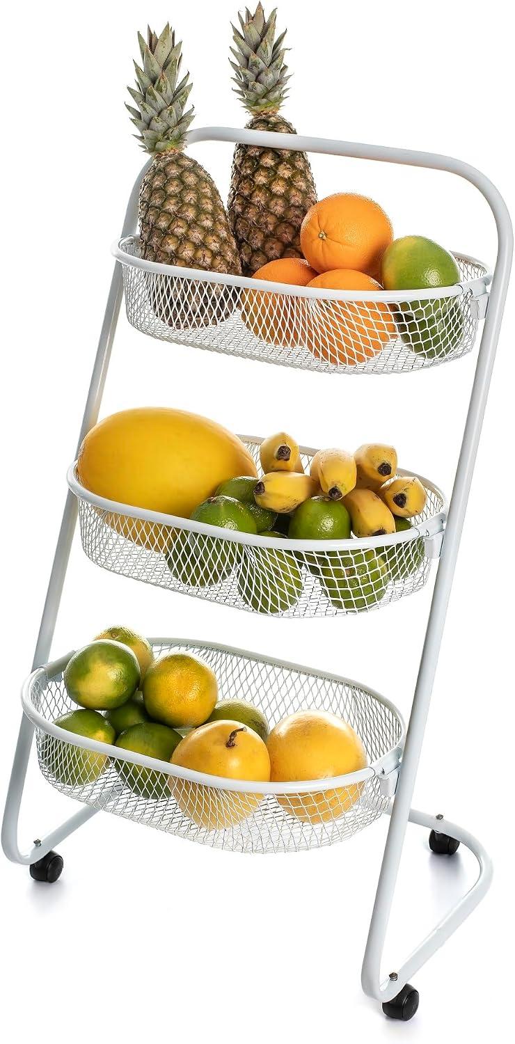 Metaltec Fruteira Chão Cozinha com Rodinhas Reforçada Branca 3 Cestos Aço