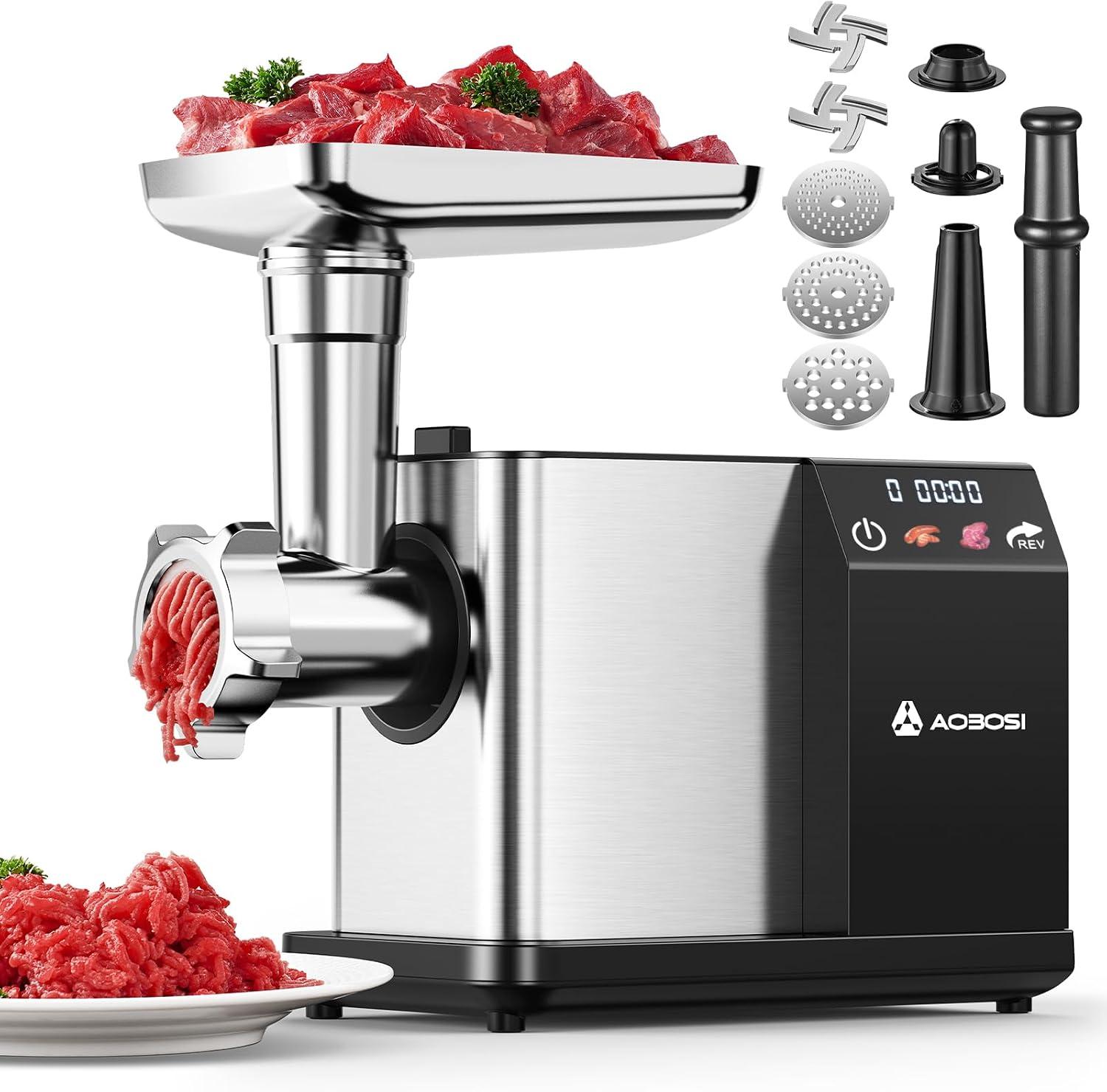 AAOBOSI Moedor De Carne Elétrico 3000W Máx. Com Tela Colorida Sensível Ao Toque, Reversão Automática E Armazenamento Integrado - 3 Configurações De Velocidade, Moagem, Fabricação De Salsichas E Qui