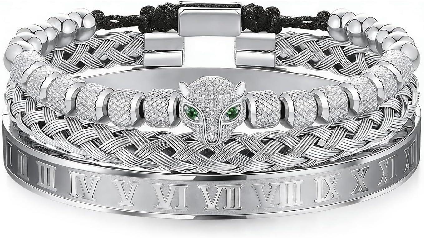 Conjunto de 3 Pulseiras Trançadas Artesanais Clássicas Pulseira Masculina Hip Hop com Zircônias, Cabeça de Leopardo e Algarismos Romanos em Aço Inoxidável