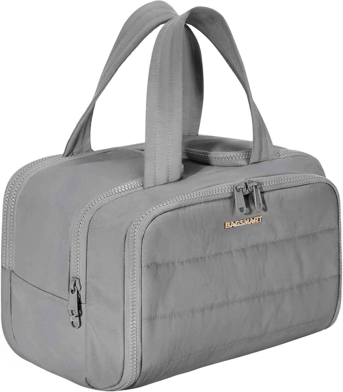 Bolsa de higiene pessoal para viagem TBAGSMART Grande e aberta, para mulheres, organizador de maquiagem, cosméticos, acolchoada com alça para acessórios, essenciais, artigos de higiene pessoal, Cinza