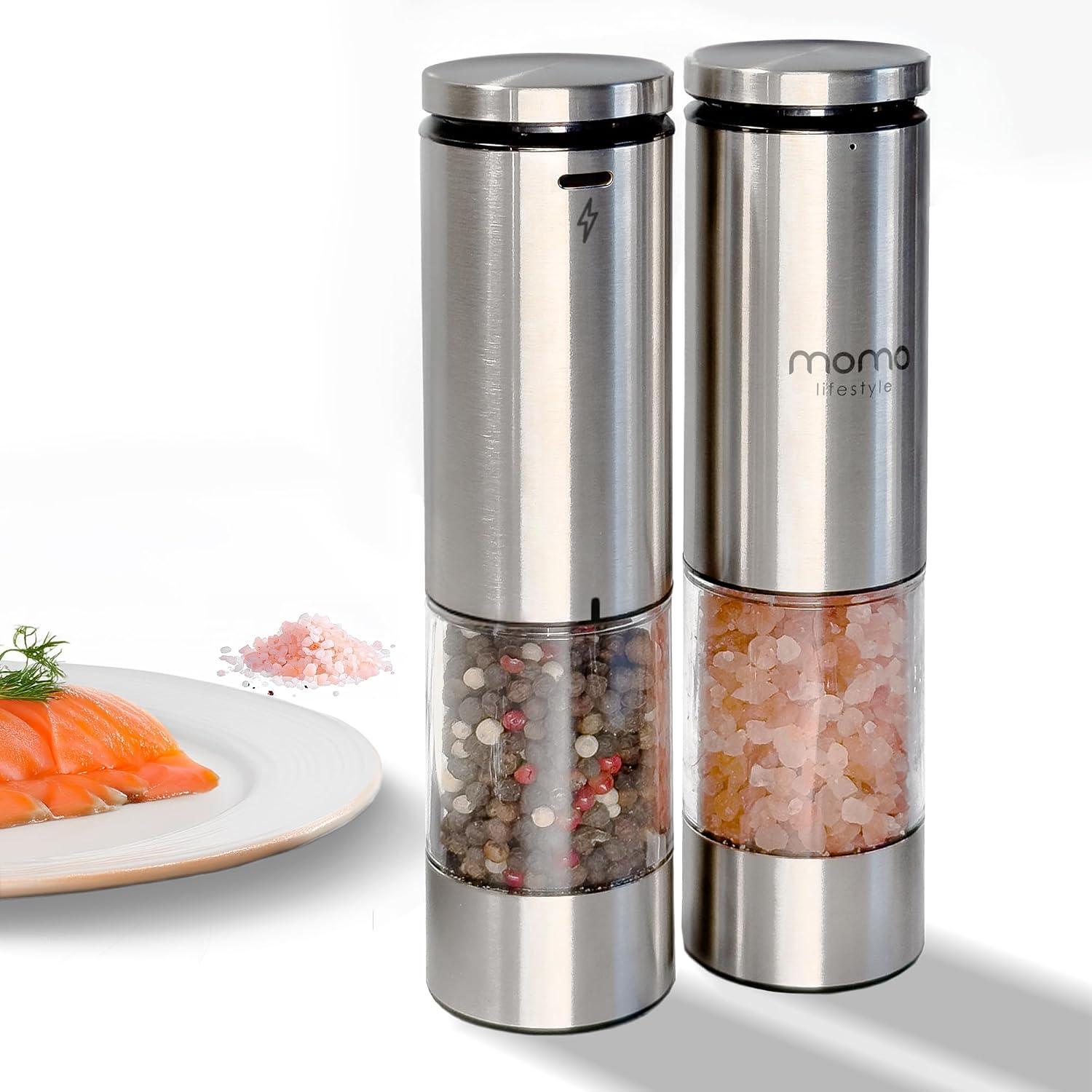 Momo Lifestyle Conjunto Moedores de Sal e Pimenta Elétrico Recarregável GrindWiz, Automático, Moagem Ajustável, Aço Inox, Luz de LED, Ideia de Presente, Bivolt (110V/220V)
