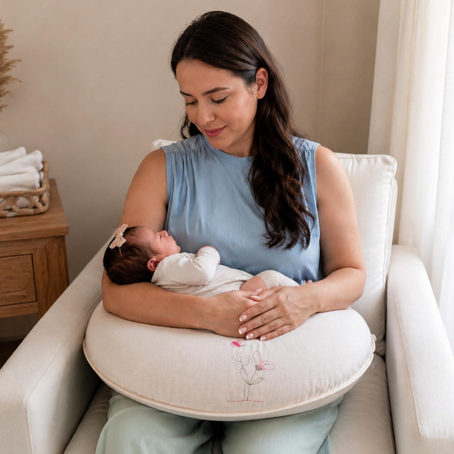 Almofada de Amamentação Brubrelel em Linho – Conforto Anatômico com Bordado para Bebê Menina (Florença)