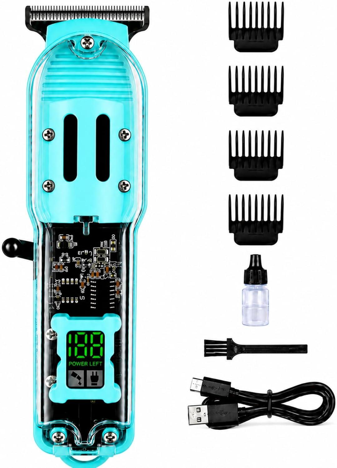 Maquina de Cortar Cabelo, Cortador de Cabelo USB, Máquina de Cortar Cabelo, Maquina Cortar Cabelo Sem Fio, Transparente Corpo Aparador Barba, Equipado com Uma Tela de Exibição de LED com 4 Pentes-Guia