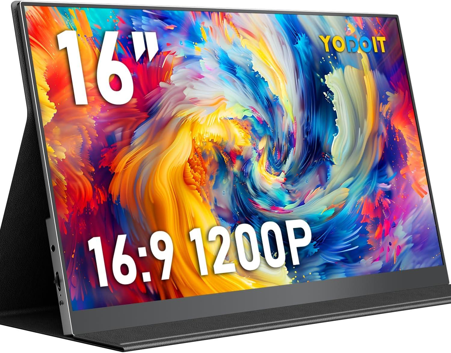 Yodoit Monitor Portátil 16" 100% SRGB FHD Tela com Porta USB Tipo C HDMI com Capa Inteligente Compatível com Laptop, PC, MacBook, Xbox, PS5, Phone