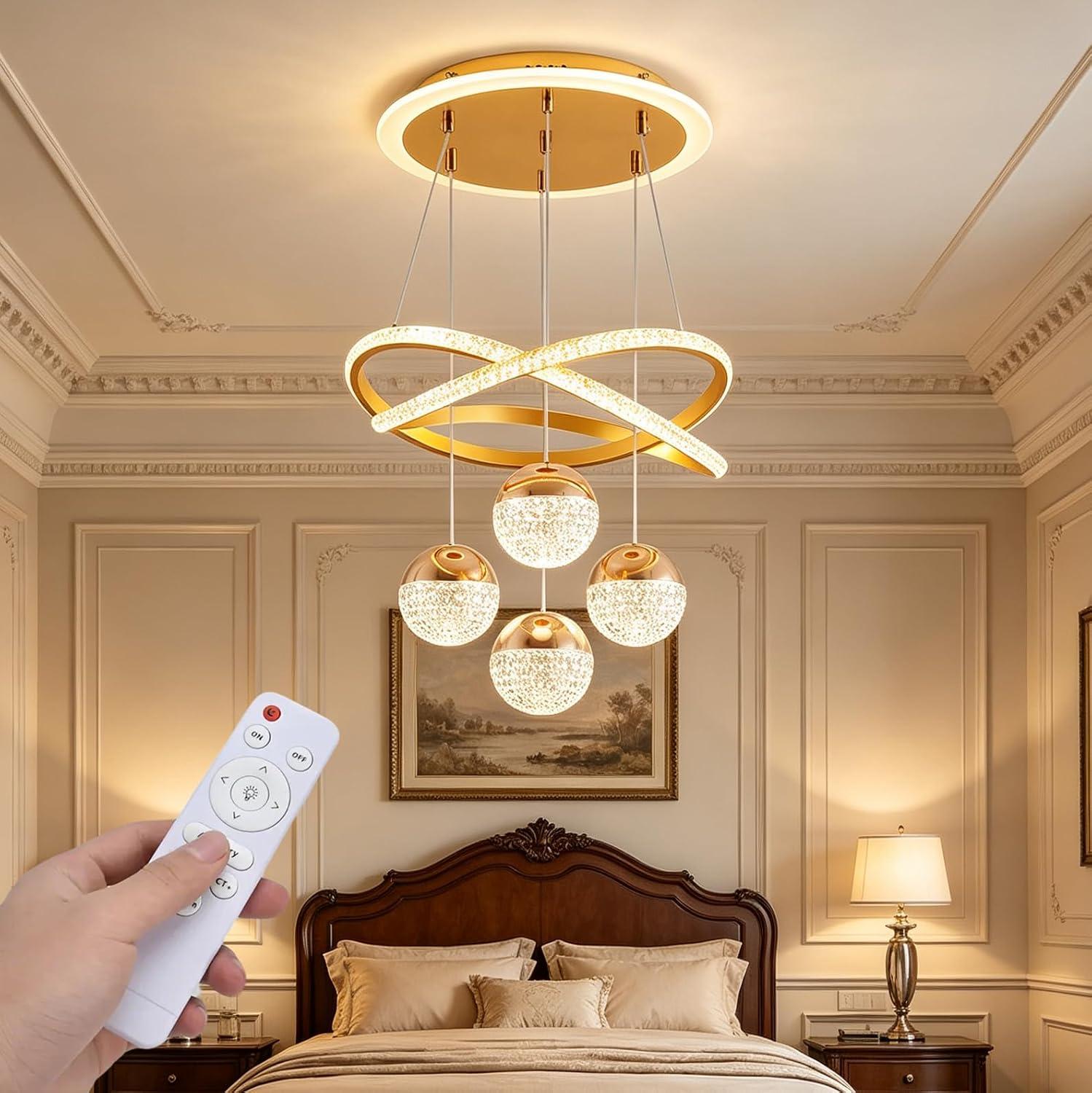 Lustre Moderno para Sala de Jantar Luminária Pendente de Teto LED 90W com Controle Remoto e Regulável Dimerizável para Sala de estar, Quarto Ajustável em altura (Dourado)