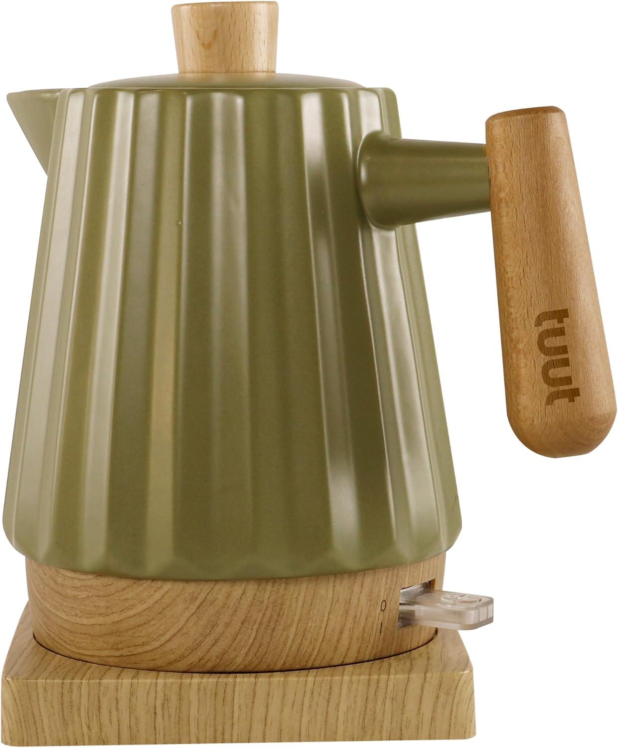 Chaleira Elétrica de Porcelana Elegance 1,2L, Detalhes em Madeira, Verde, 127v