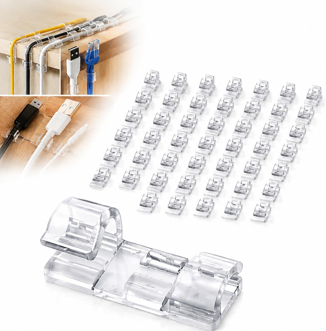 Kit 40 Organizadores de Fios Transparentes – Clipes de Cabo com Adesivo Forte, Suporte de Arame Autoadesivo para Carro, Casa e Escritório – Fixação Resistente para Cabos