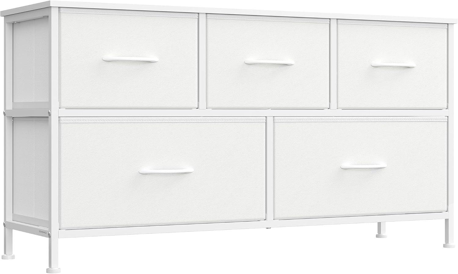 SONGMICS Cômoda com 5 Gavetas de Armazenamento, Unidade de Armazenamento em Aço, MDF e Tecido Não Tecido, para Quarto, Closet, Corredor, Sala de Estar, Branco Nuvem e Branco Neve BRLGS322WH01