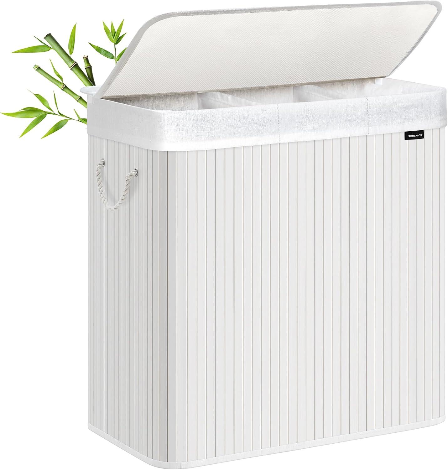 SONGMICS Cesto de lavanderia, cesto de roupa suja com tampa, bambu, dobrável, forro removível e lavável na máquina, para lavanderia, quarto, branco ULCB091W01