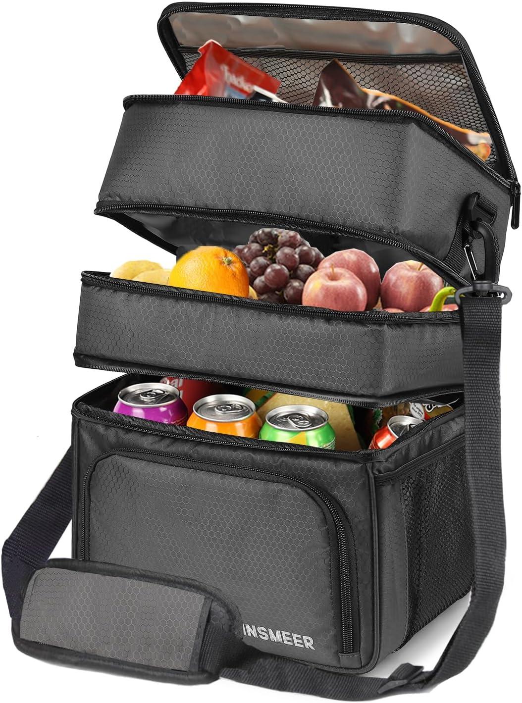 INSMEER Bolsa Térmica Marmita Para Homens, 3 Compartimentos Lancheira Térmica Para Homens Adultos Bolsa Térmica Separada Para Alimentos Quentes E Frios, 3 Compartimentos (Preto)