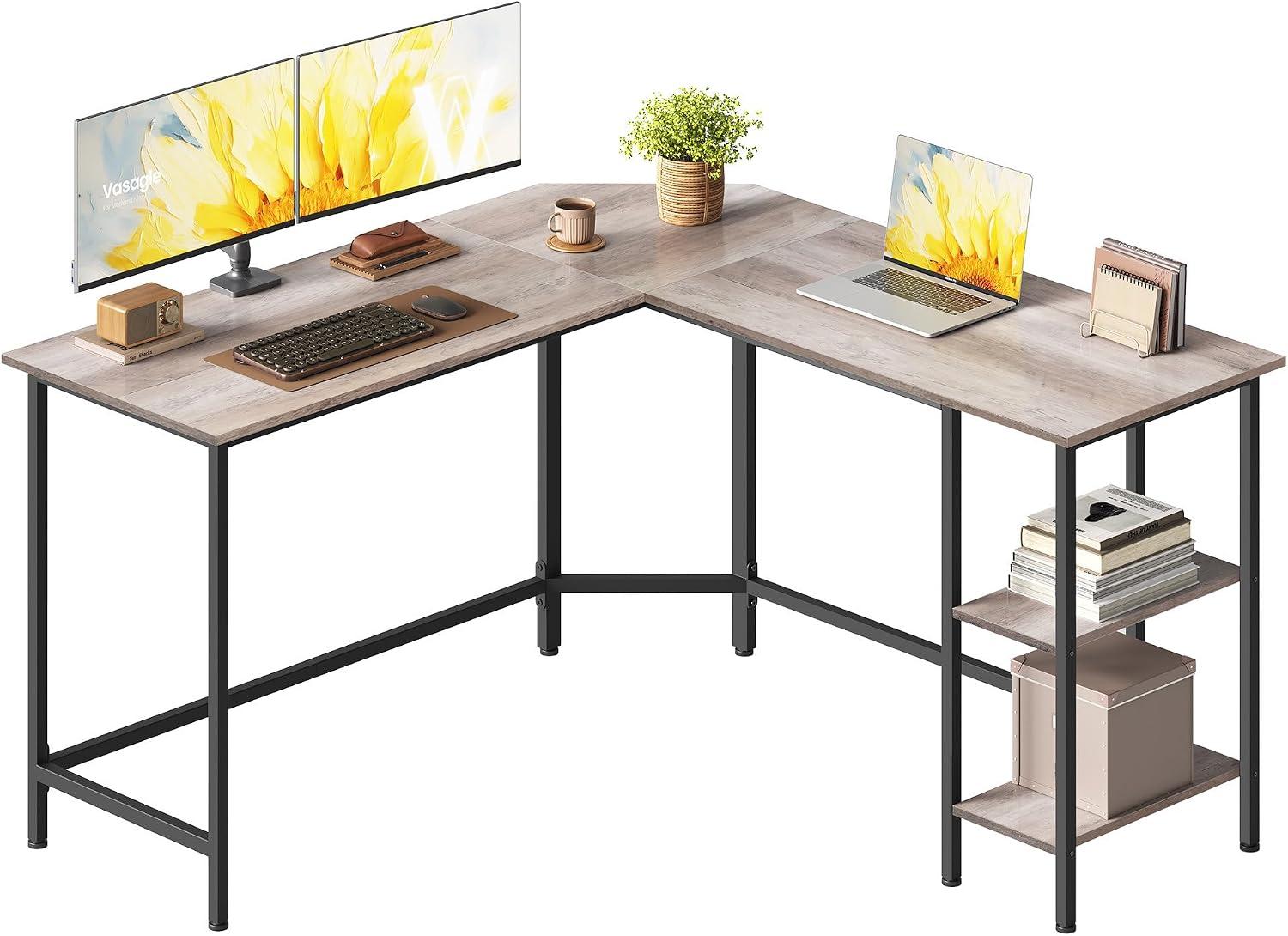 VASAGLE Mesa de computador em forma de L, mesa de canto, estação de trabalho de escritório com prateleiras para escritório em casa, economia de espaço, fácil de montar, industrial, cinza e preto ULWD72MB