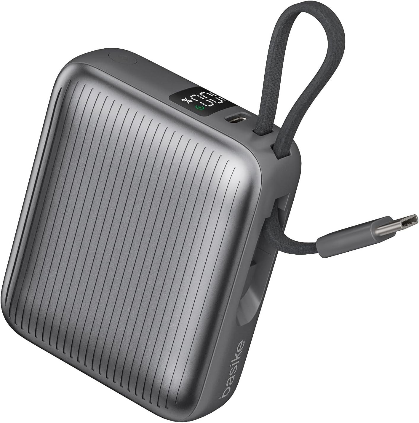 Basike Power Bank 10000mAh 35W, Cabo Tipo-C Integrado, Compacto, Cinza
