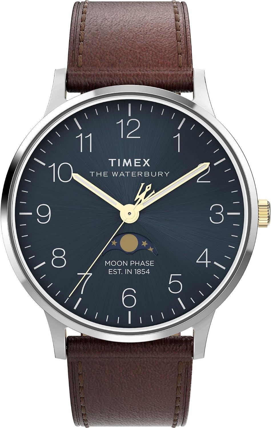 Timex Relógio masculino Waterbury Classic Moon Phase 40 mm - pulseira marrom mostrador azul caixa de aço inoxidável, Marrom