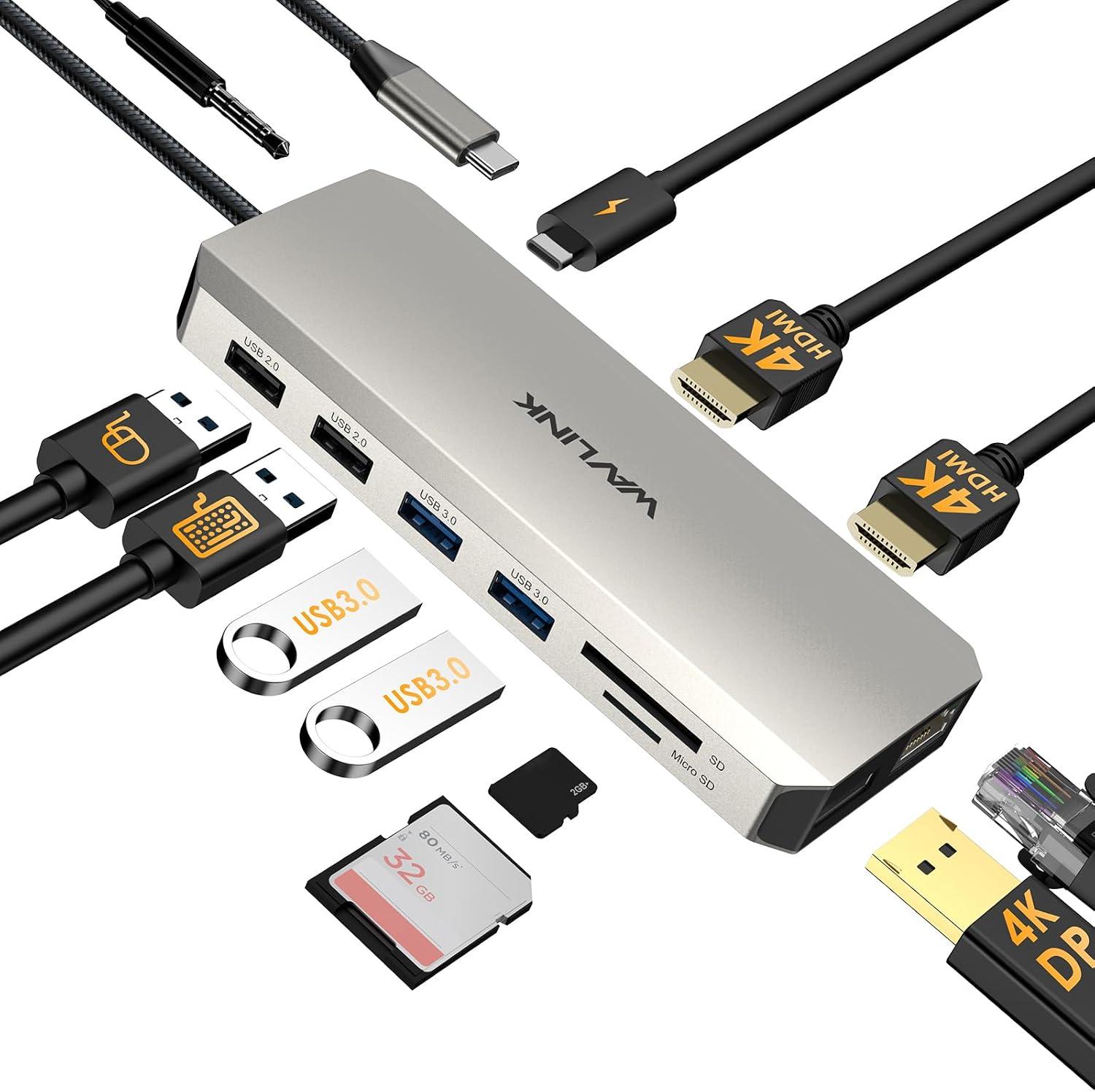 Estação de ancoragem para monitor duplo USB C, estação de ancoragem WAVLINK com dois HDMI, DP, 100W PD, USB 3.0 e 2.0, RJ45, slots SD/TF, áudio/microfone, compatível apenas com computadores Windows