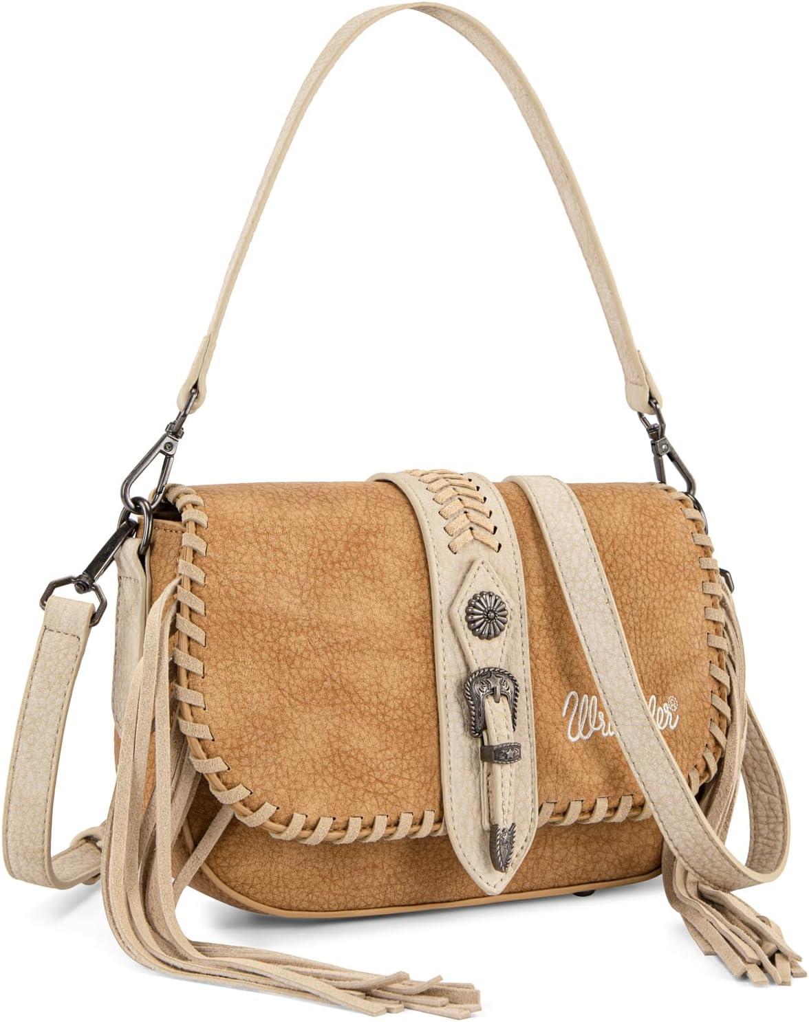 Bolsa de ombro feminina Wrangler Western, bolsa transversal com aba com detalhe de ponto de chicote e franja, bolsa vintage cowgirl