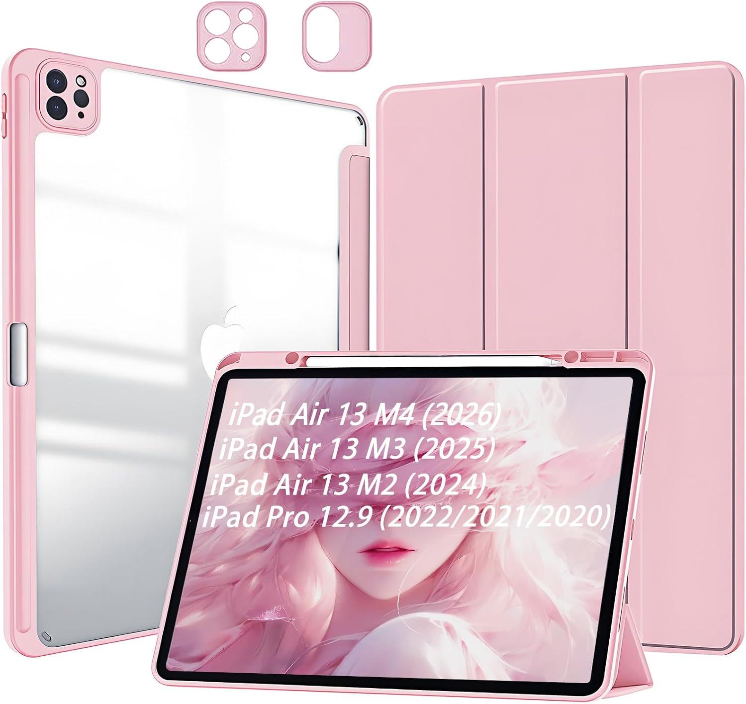 Capa para iPad Air 13 polegadas M4/M3/M2 (2026/2025/2024) Capinha iPad Pro 12,9 polegadas 2022 e 2021 e 2020 Protetora Fina Traseira Transparente com Suporte para Lápis - Rosa
