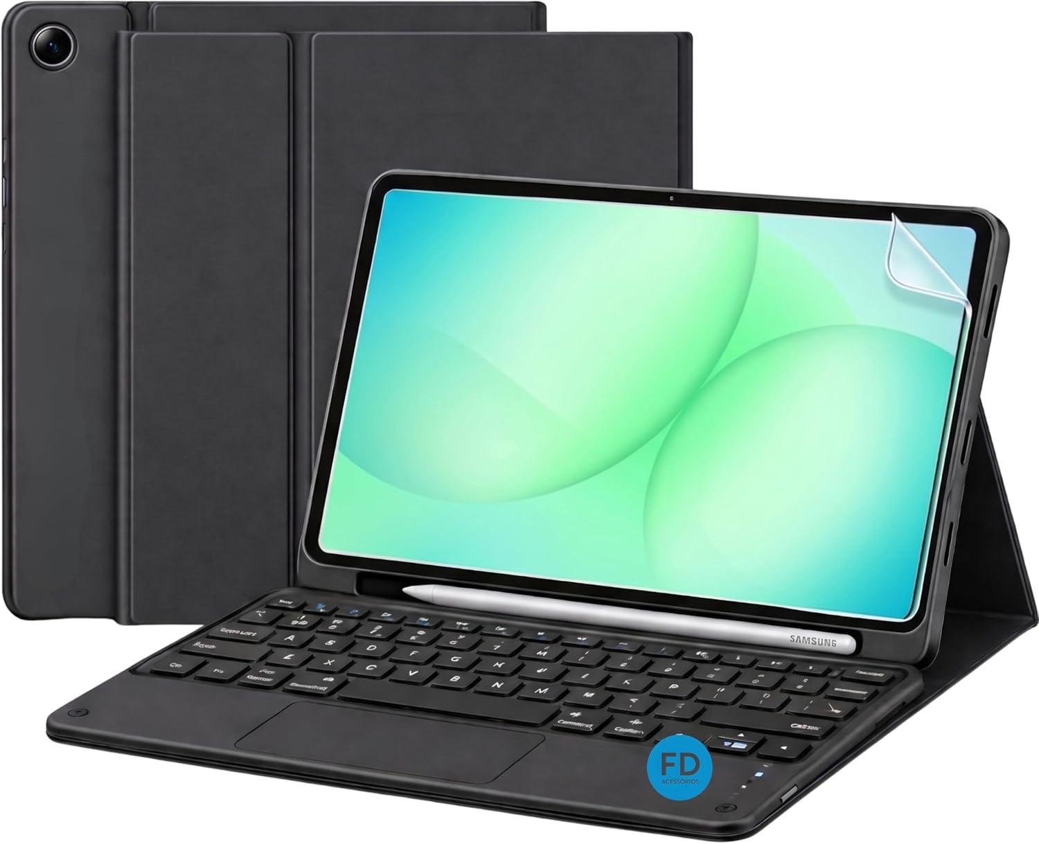 Capa com Teclado para Galaxy Tab A11 Plus com Mouse Touchpad e Compartimento para Caneta + Película Paperlike Fosca – FD Acessórios (Preto)