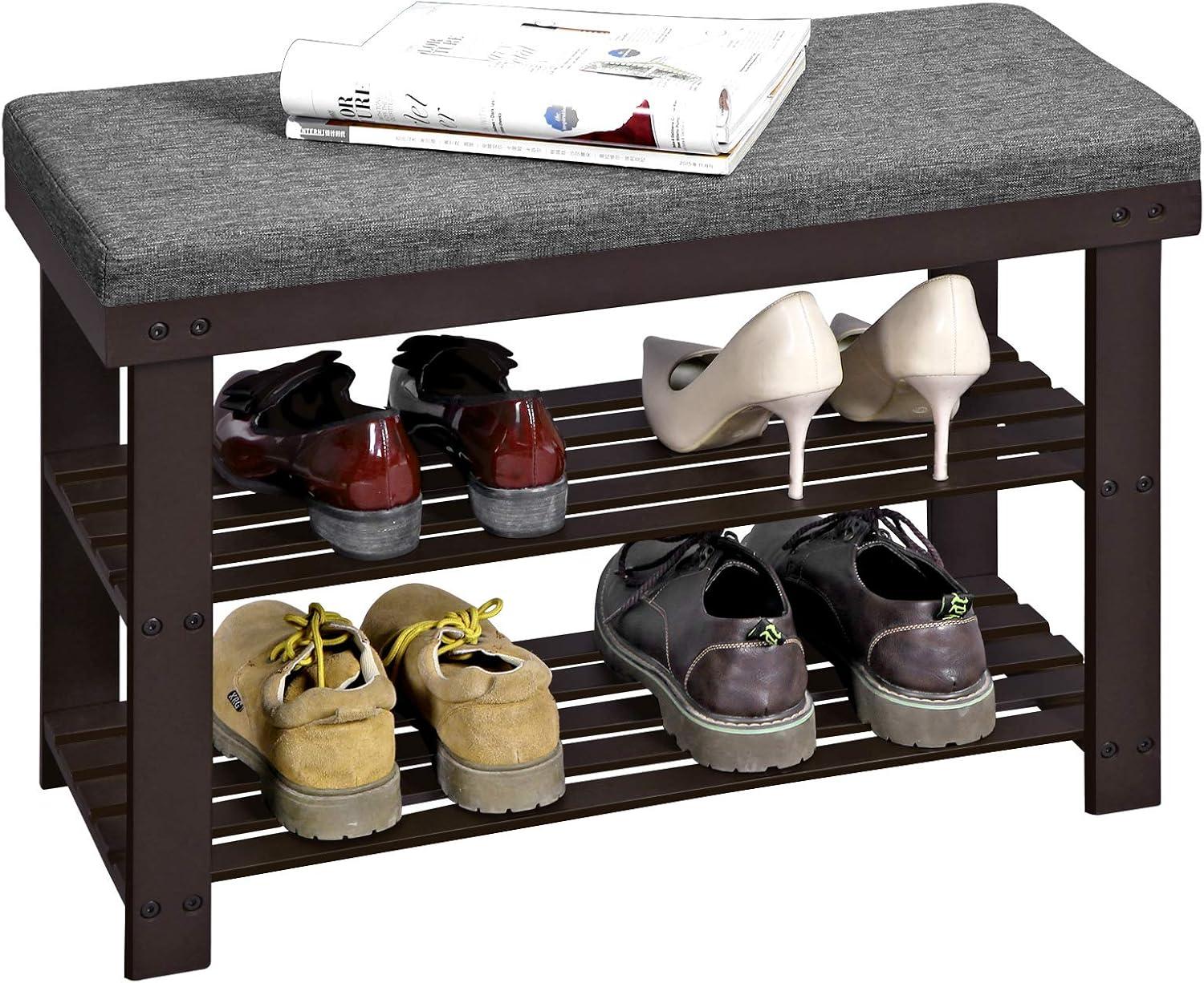 SONGMICS Banco de Bambu para Sapatos, Organizador de Sapateira de 3 Níveis para Entrada e Sala de Estar, Assento Suporta até 136 kg, 30,2 x 72 x 48,8 cm, Noz Rústica e Cinza Ardósia BRLBS604CG