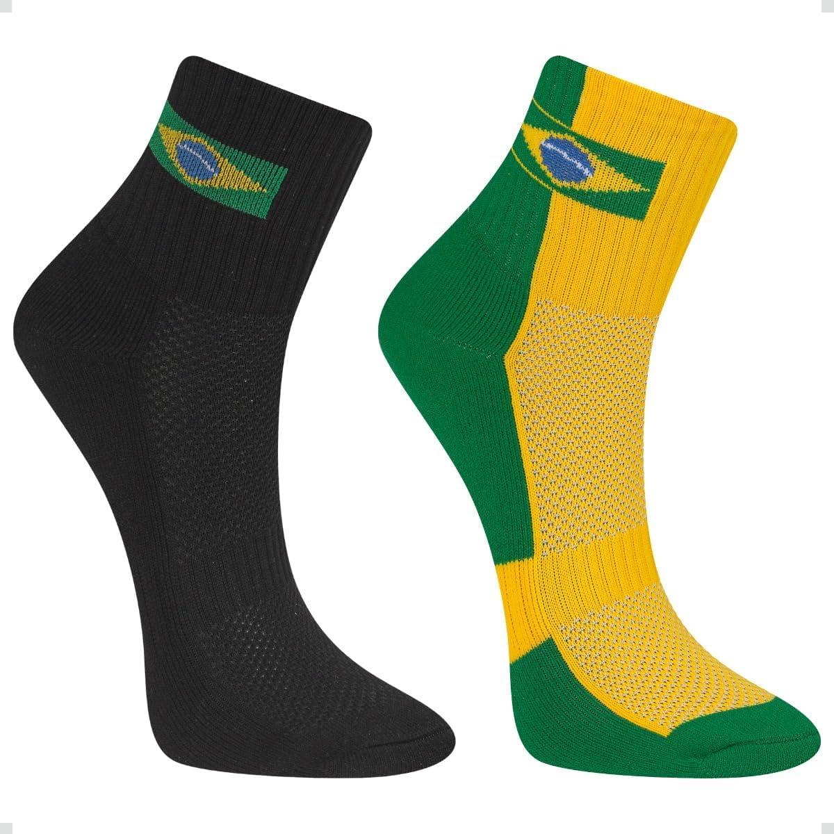 Kit 2 Pares Meia Copa do Mundo Brasil Poliamida Cano Médio Unissex Listrada Bandeira Performance