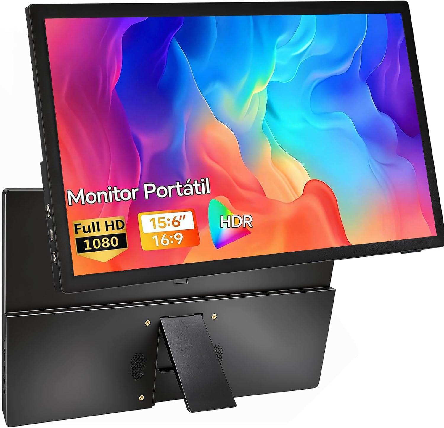 Monitor portátil de 15,6 polegadas, Conectividade USB-C HDMI Full HD 1080P e alto-falantes integrados, Monitor gamer presentes para meninos Preto-2