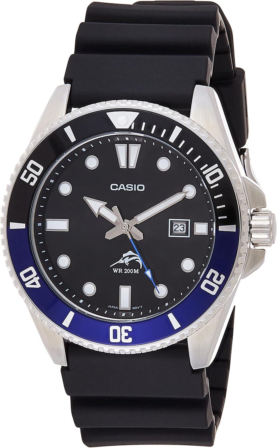 Casio Série MDV106 | Relógio analógico unissex | 200 m WR | Caixa de aço inoxidável | Pulseira de resina | 2 ponteiros analógicos (HR, min, SEC) | Exibição da data | Coroa rosqueada/parte traseira da