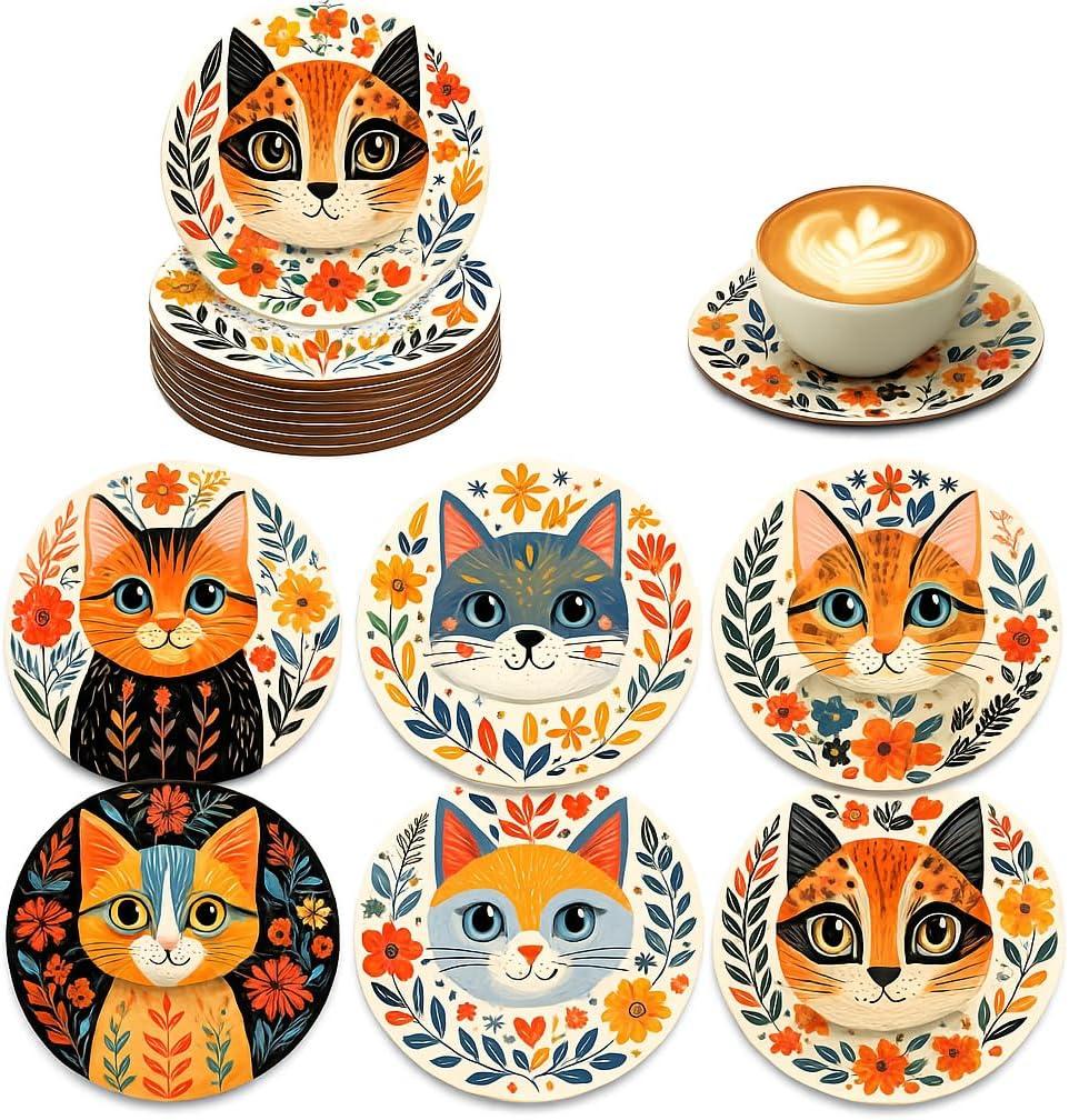 Jogo 6 Porta-Copos de Madeira com Estampas de Gatos | Coasters Grossos Resistentes ao Calor, Impressão HD Colorida, Proteção para Mesas, Decoração Farmhouse & Home Office