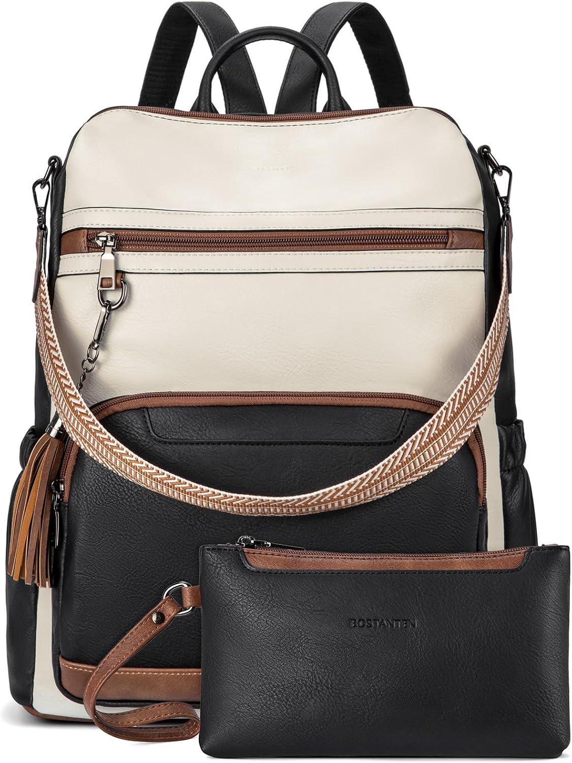 BOSTANTEN Mochila Feminina em Couro PU para Notebook 15,6", 2 em 1 com Bolsa Carteira, Bolso Anti-Furto, Alça Ajustável e Alça para Mala, Ideal para Trabalho, Faculdade e Viagem