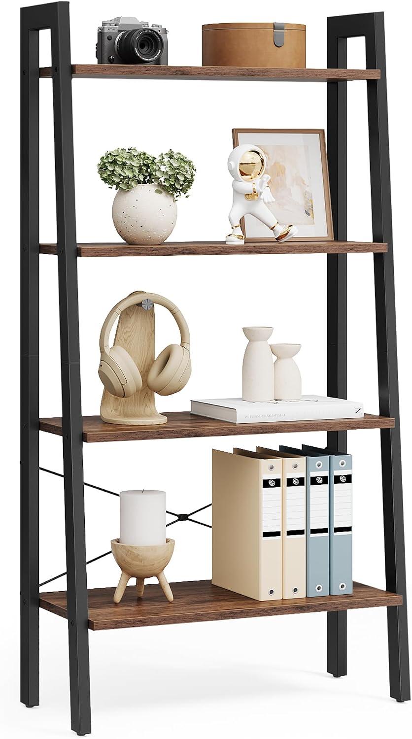 VASAGLE Estante Escada, Estante de Livros com 4 Níveis, Quarto, Cozinha, Escritório, Estilo Industrial, Estrutura de Aço, Marrom Avelã e Preto Tinta BRLLS044B03V2