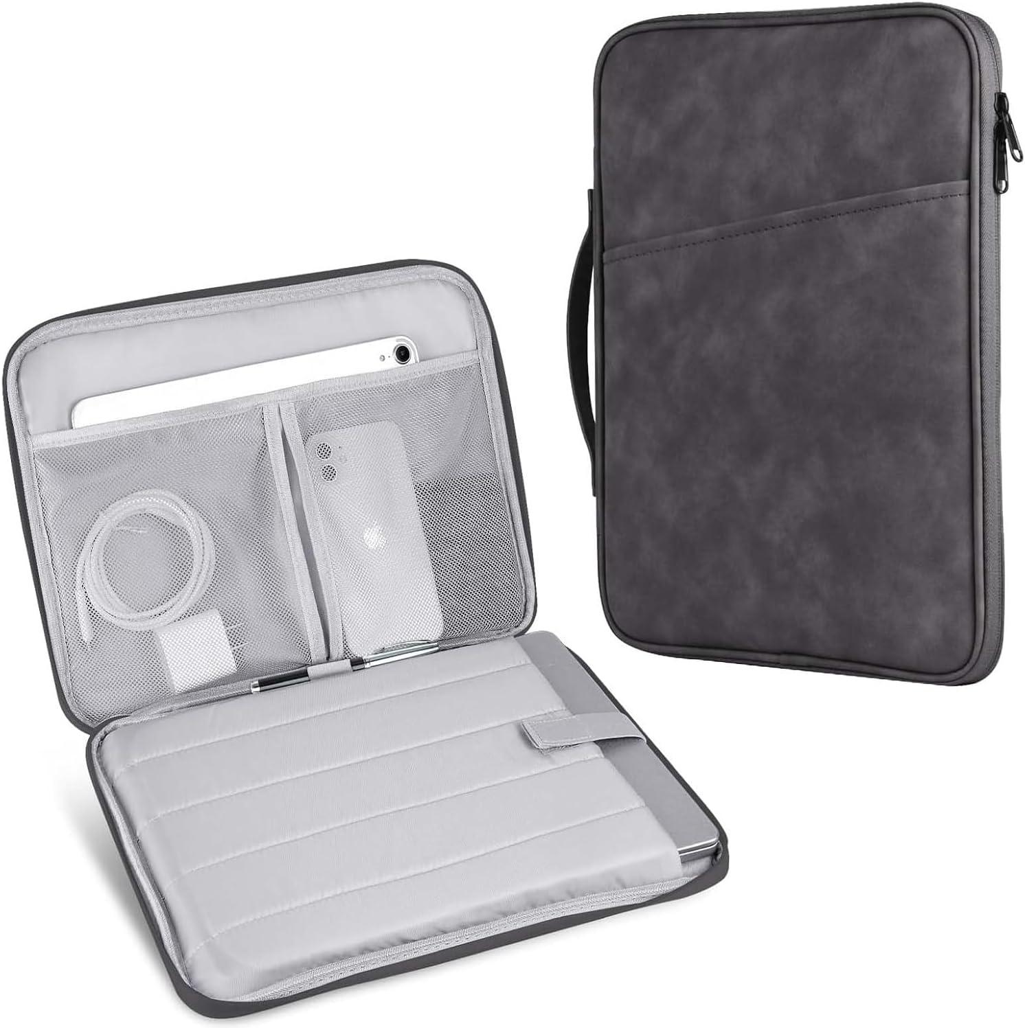 Capa Case para Tablet e Notebook até 13 Polegadas, Couro PU Camurça, Cinza, Resistente à Água, Anti-Impacto, Leve e Portátil