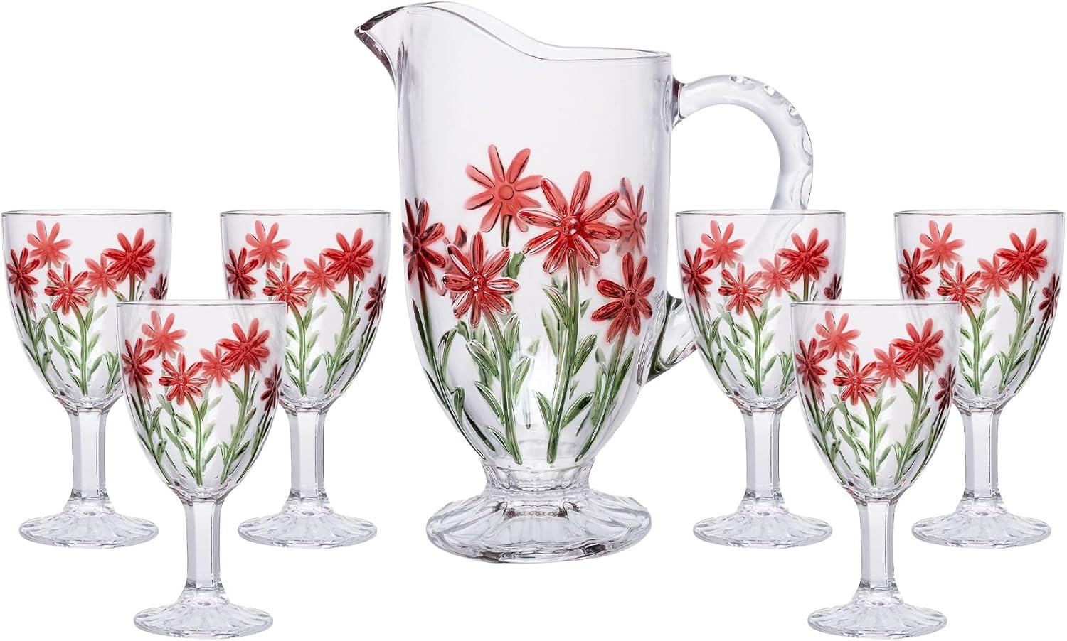 WOLFF - Conjunto Jarra com 6 Taças Red Flower 1,3L/320ml Vidro