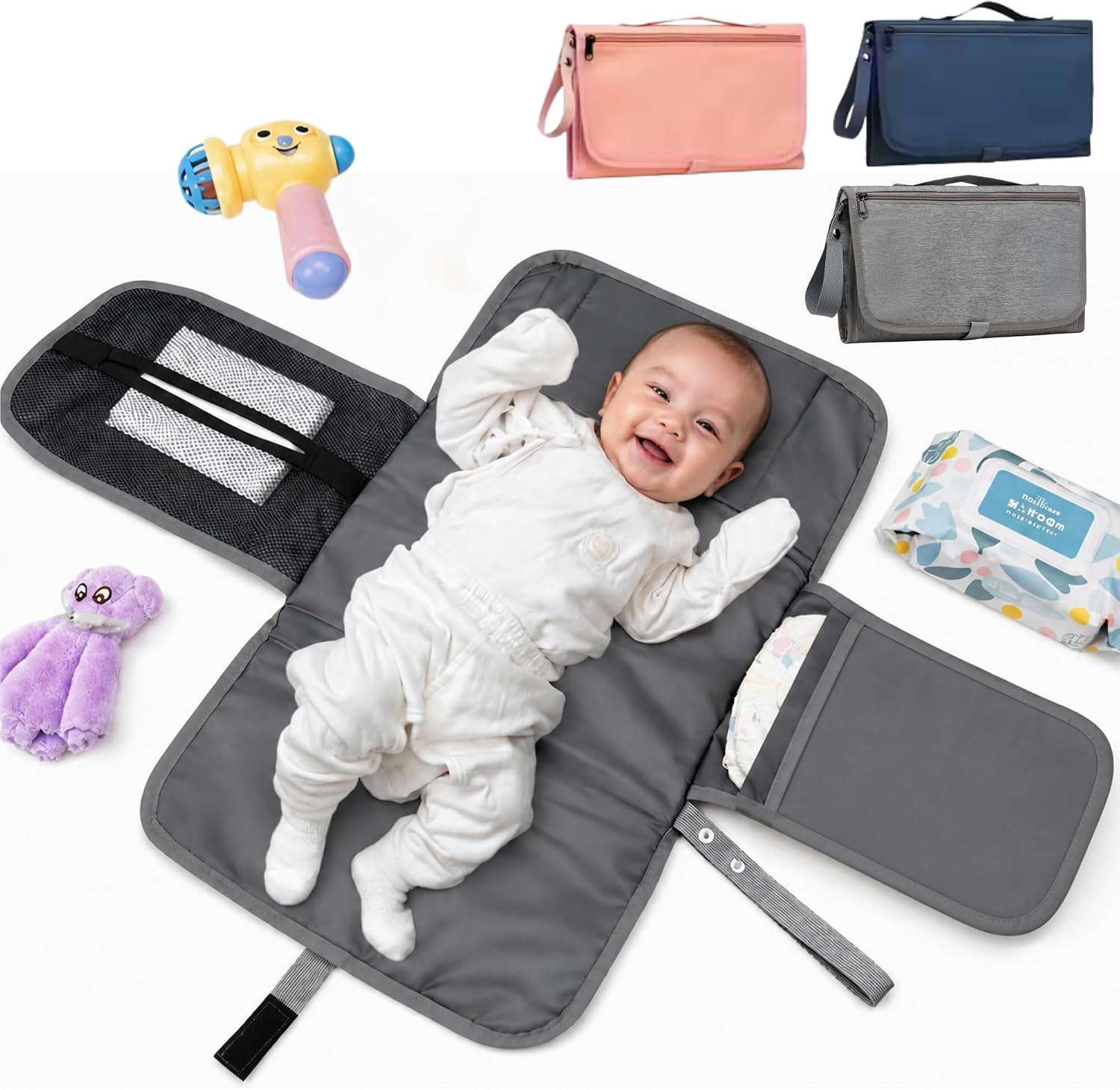 Trocador de Fraldas Portátil Premium Trocador Portátil para Meninas e Meninos Recém-nascidos de Bebê com bolso – Porta Fraldas Kit de Troca de Viagem à Prova d'água Textil (Cinza)