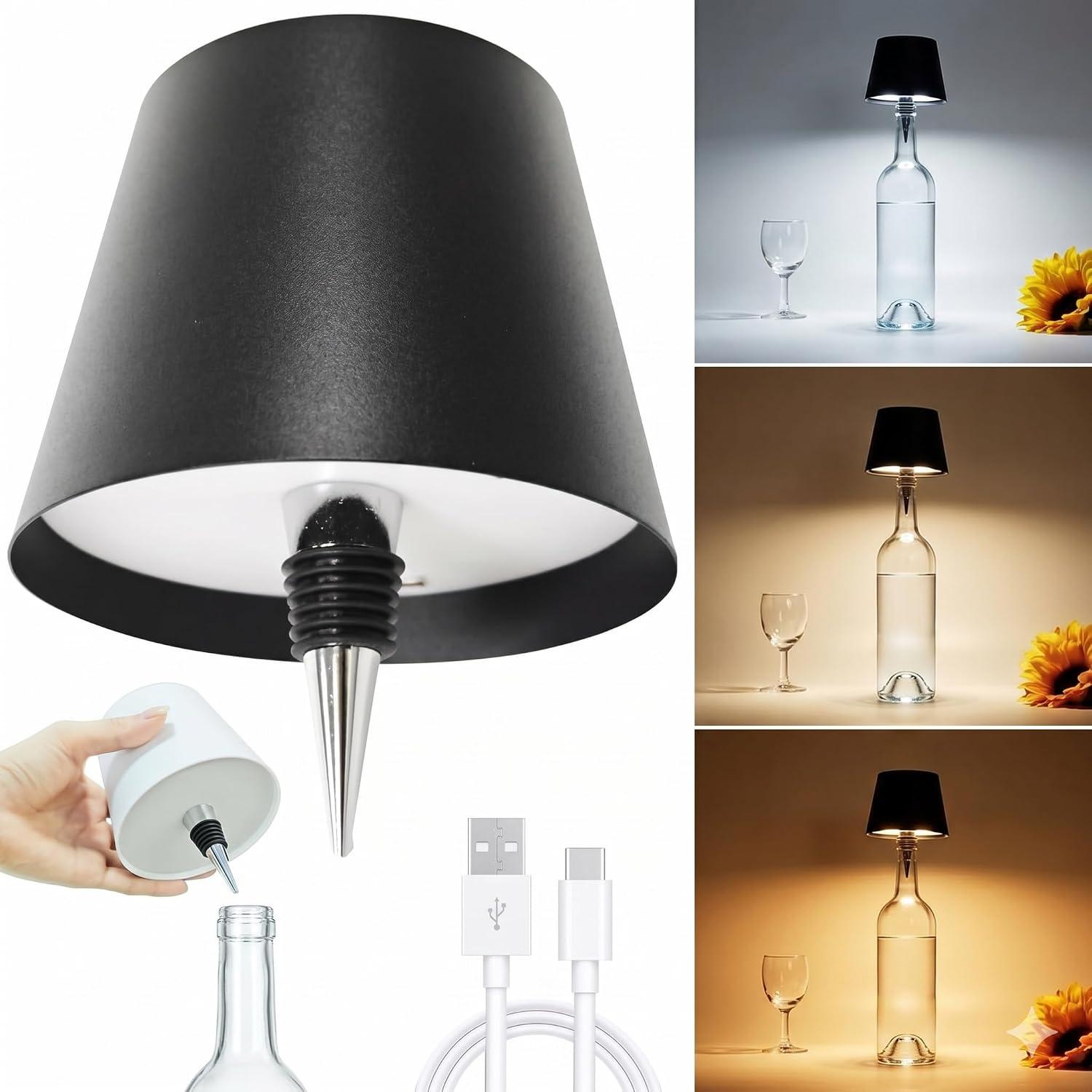 Luminária LED para Garrafa, Sem Fio, Touch, 3 Cores, Recarregável via USB, Portátil, Moderna para Decoração e Presentes (PAI)