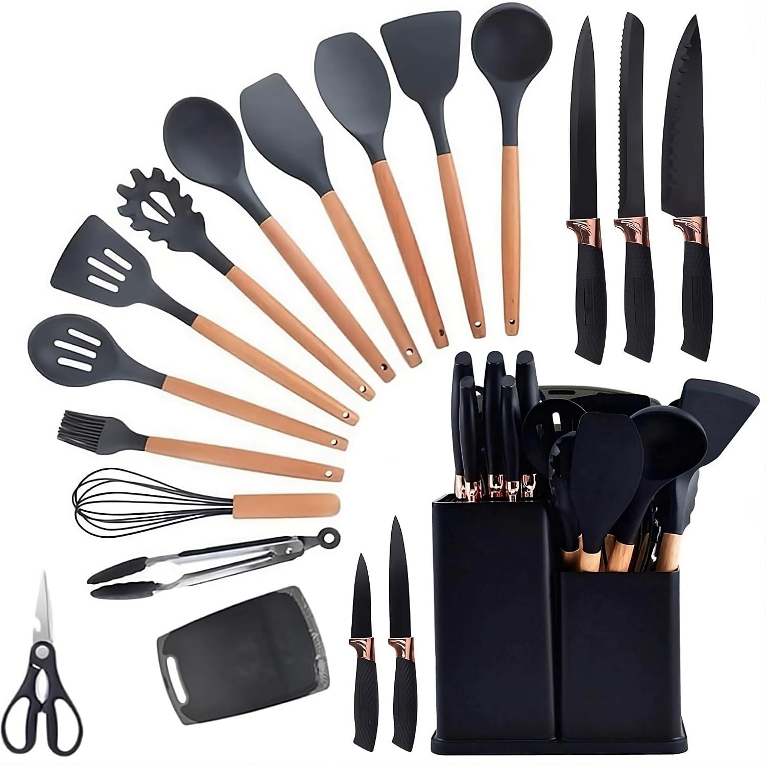 Utensilios Para Cozinha Silicone Kit 19 Peças Cabo Madeira Conjunto Completo Espátula Concha Colher Jogo Suporte Faca Antiaderente Tabua Tesoura Faqueiro PREMIUM (Preto)