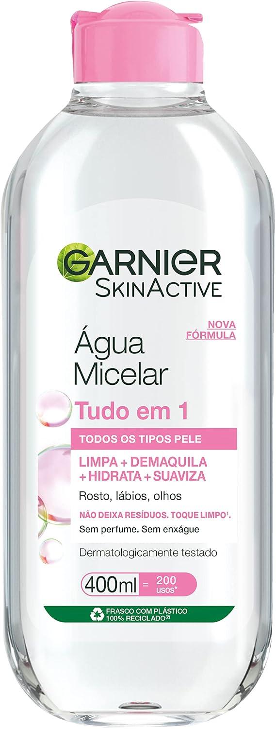 Garnier SkinActive Água Micelar de Limpeza Tudo em 1, Solução Demaquilante que Limpa, Tonifica e Remove Oleosidade, Fórmula Suave Sem Álcool para Todos os Tipos de Pele, 400ml