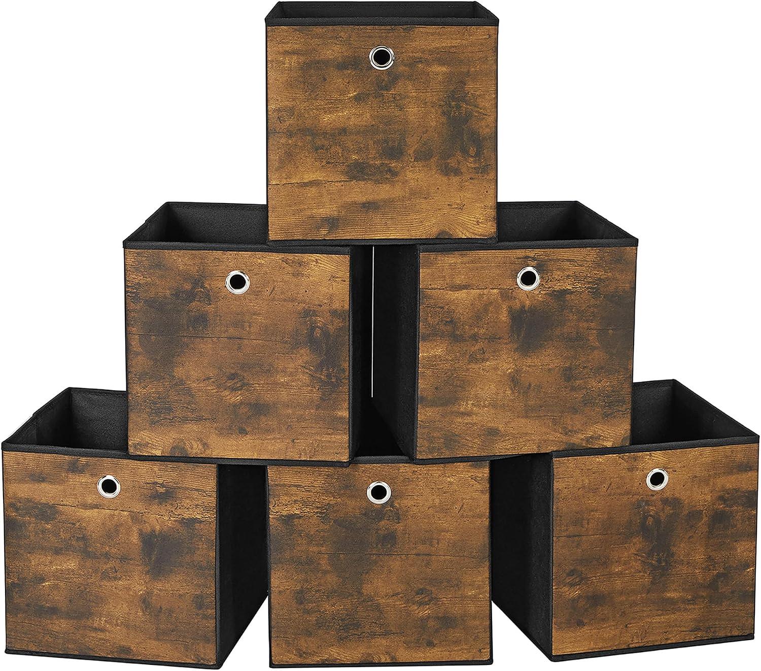 SONGMICS Caixa Organizadora, Kit com 6 Caixas, Caixa de Armazenamento em Tecido Oxford, Caixa Dobrável, 30 x 30 x 30 cm, para Estante de Cubos, Organizador de Roupas, Marrom Rústico e Preto RFB102B01
