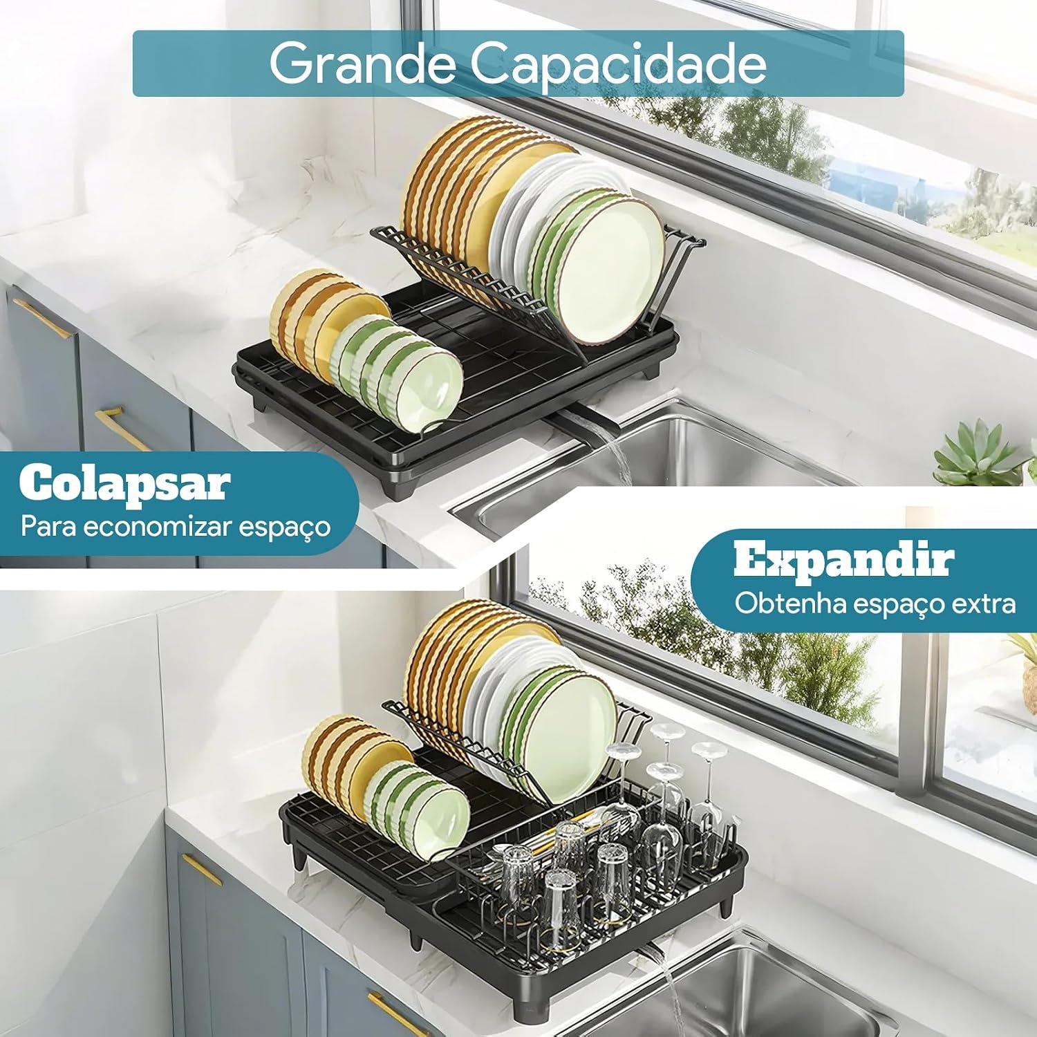 DF Escorredor de Louça, Escorredor de Pratos Expansível, Escorredors Grande com Bandeja para Porta-Copos, Escorredors de Louças com Acessórios Multifuncionais e Removíveis, Preto